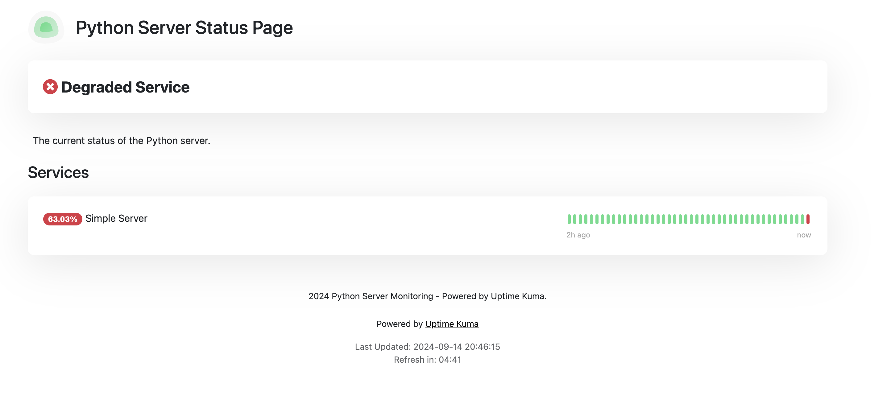 Screenshot of the status page showing service down