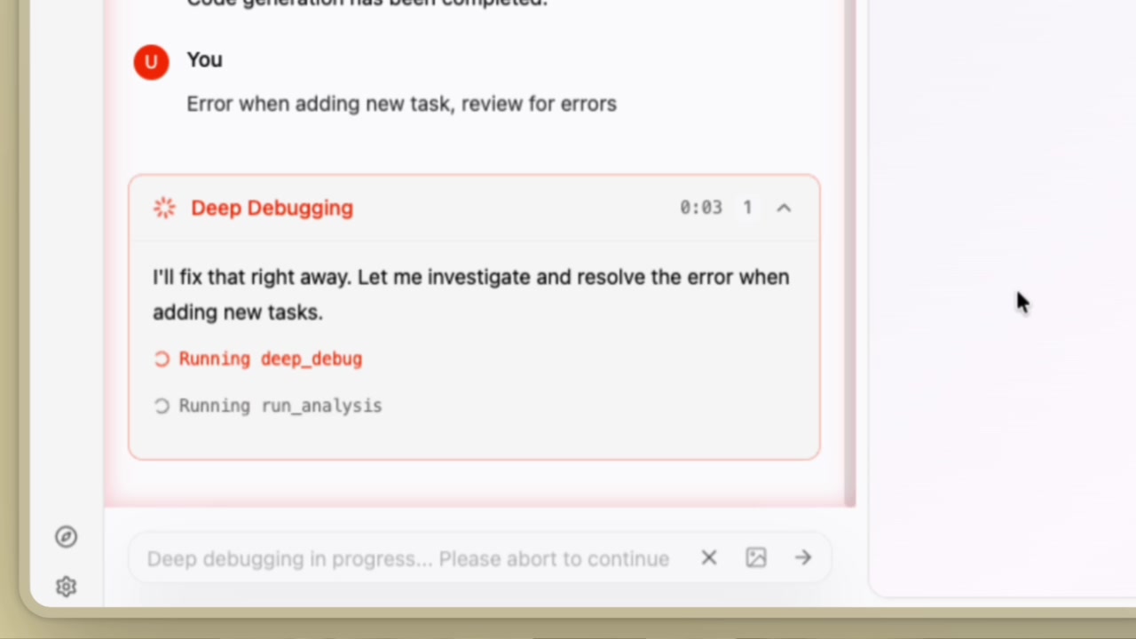 The "Deep Debugging" process initiated in the chat interface after the user reports an error.