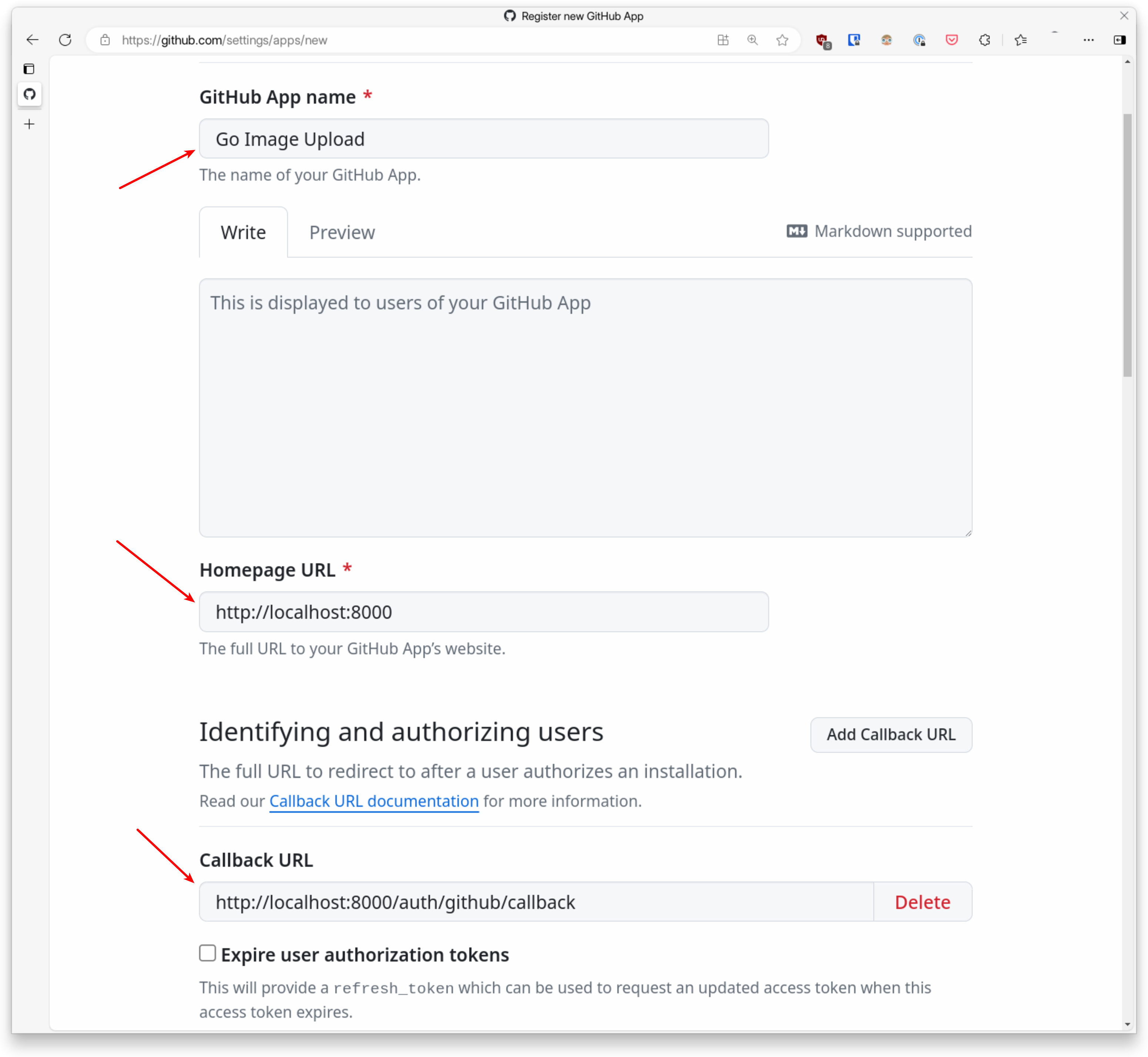 GitHub Register New App page