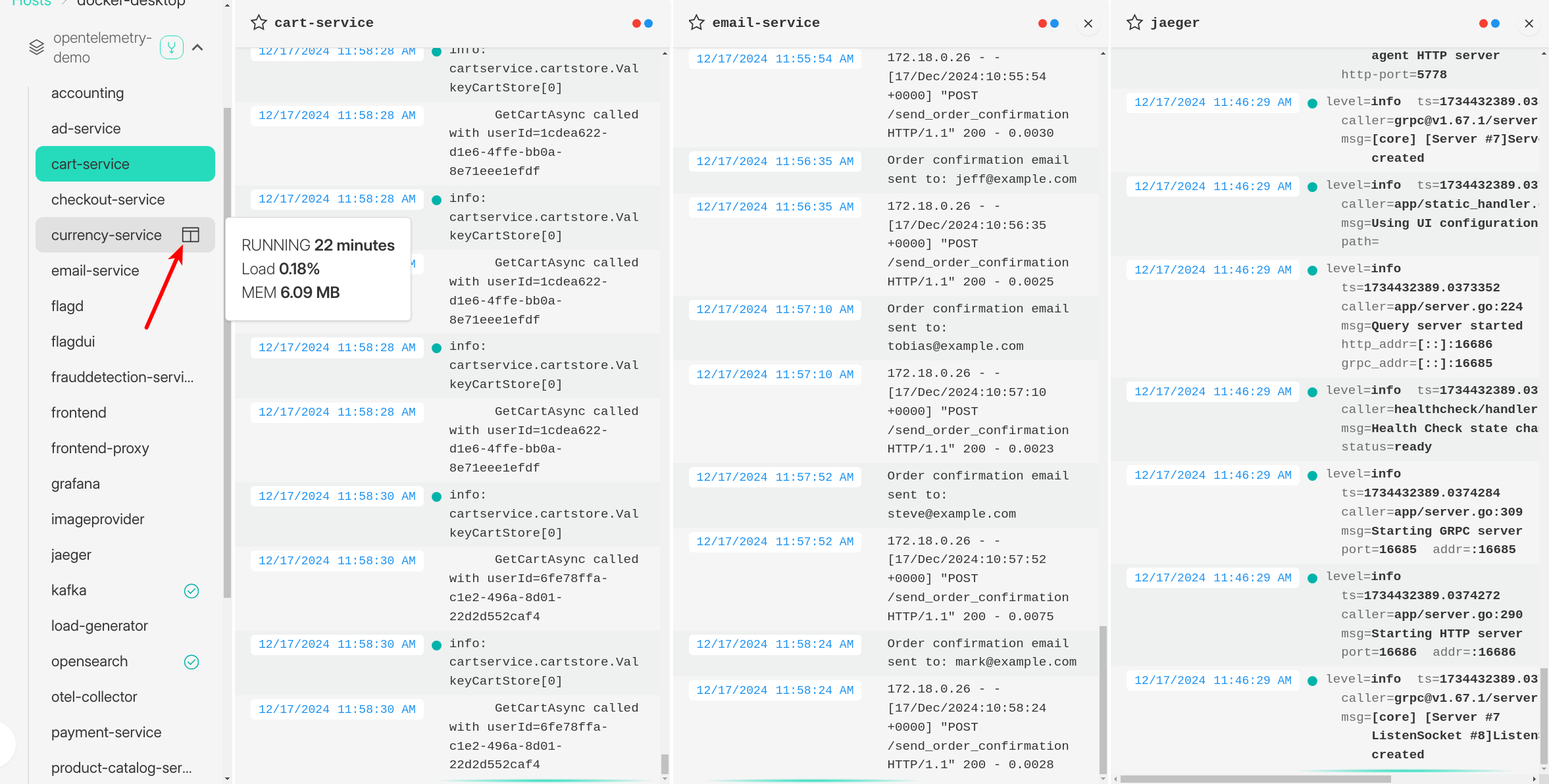 Dozzle showing Docker containers side by side