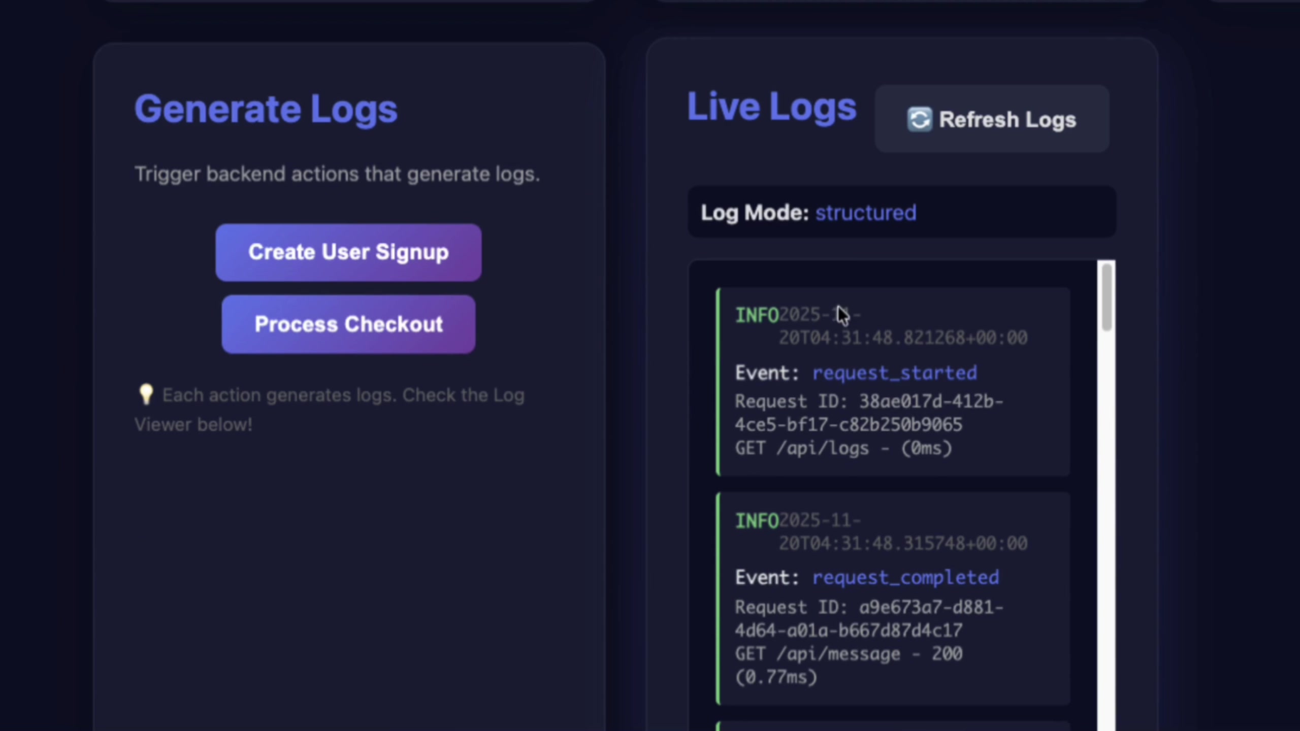 Live Logs component displaying structured log entries from the Python backend