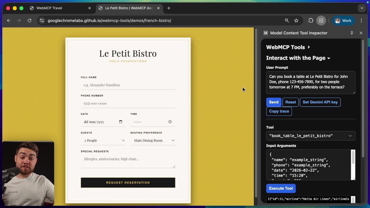 The UI of the "Le Petit Bistro" restaurant reservation form. It's a simple, elegant form with fields for name, phone, date, guests, etc.