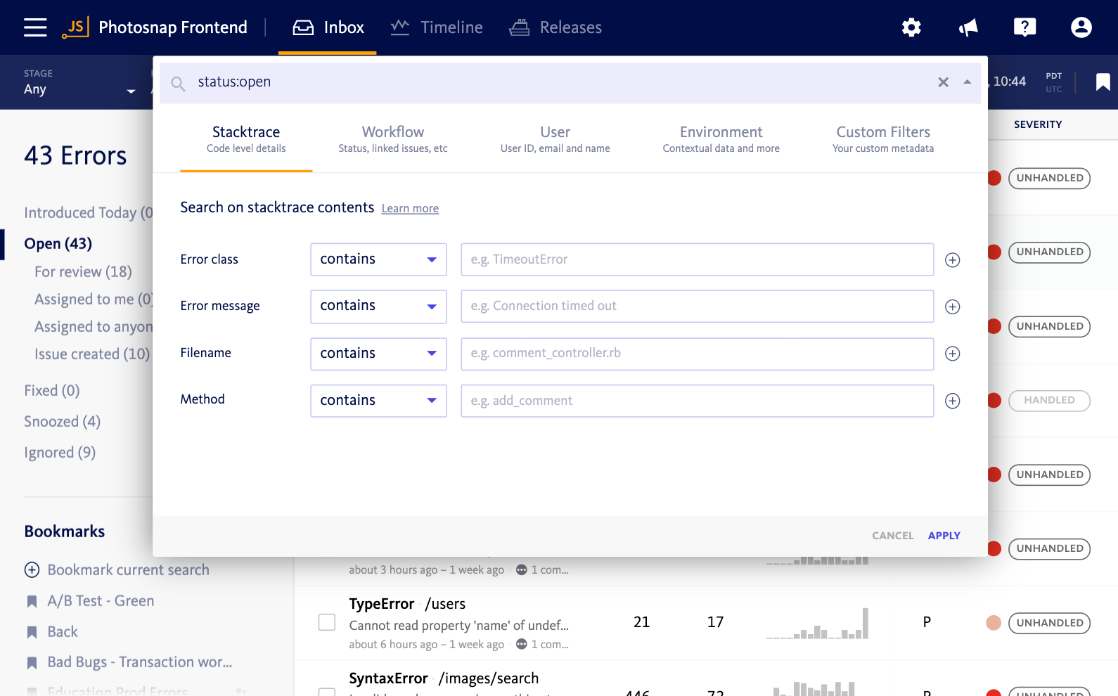 Screenshot of Bugsnag dashboard