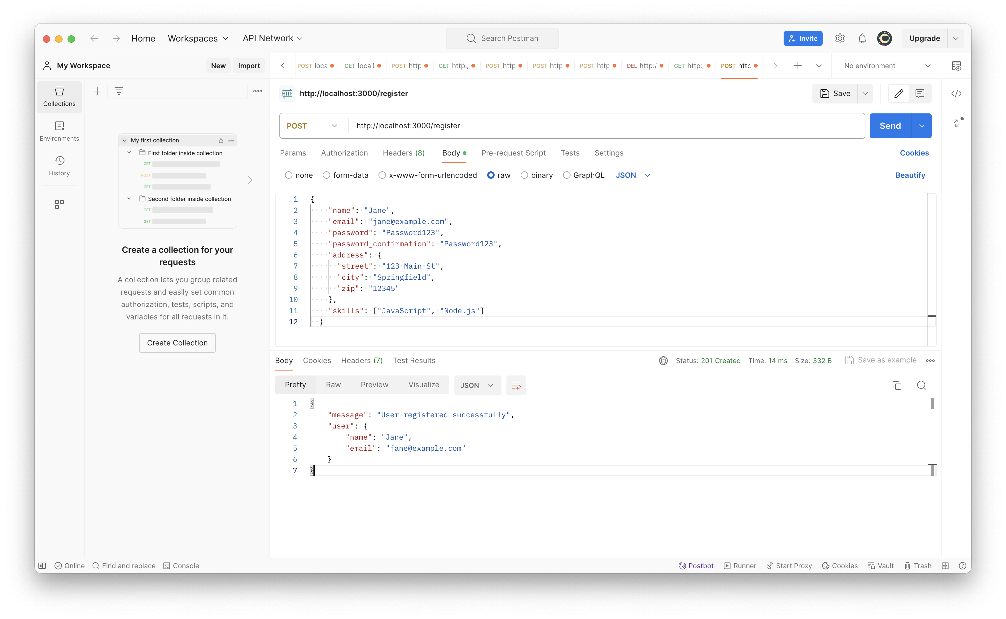 Screenshot of the error message in postman