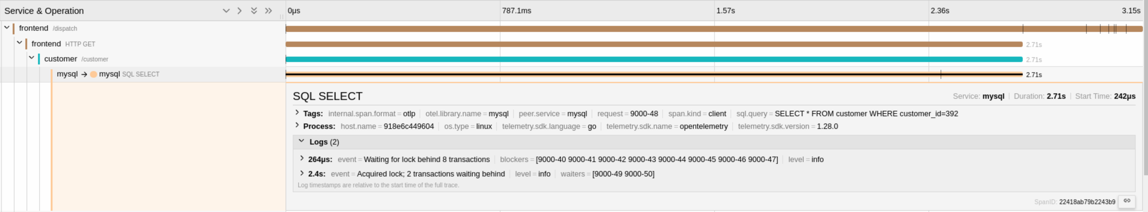 SQL SELECT span expanded in Jaeger