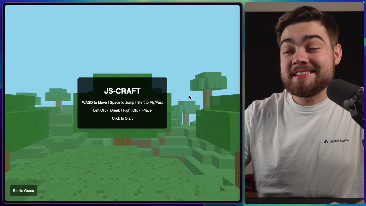 The functional 3D Minecraft clone running in the browser, showing the initial instructions screen.