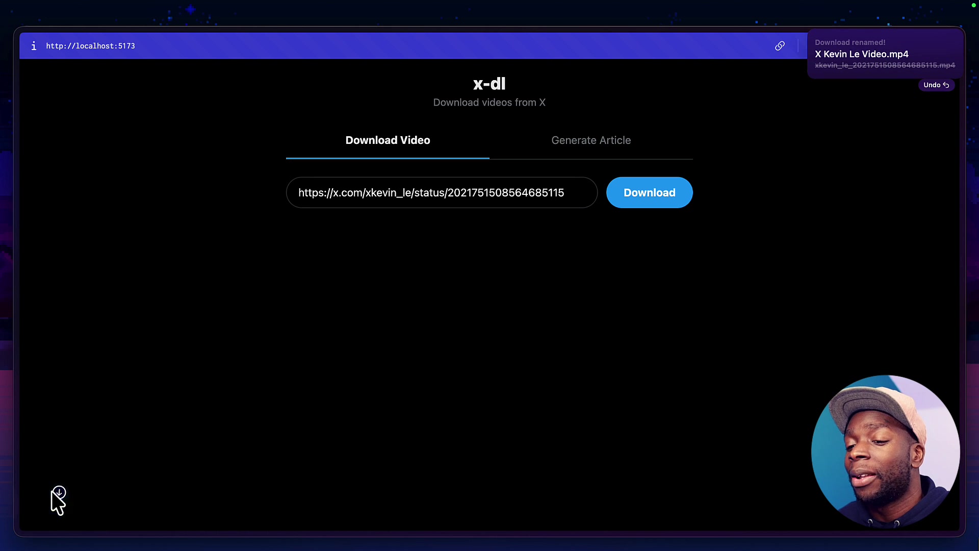 A file download prompt for the video appears in the browser, demonstrating the correct functionality.
