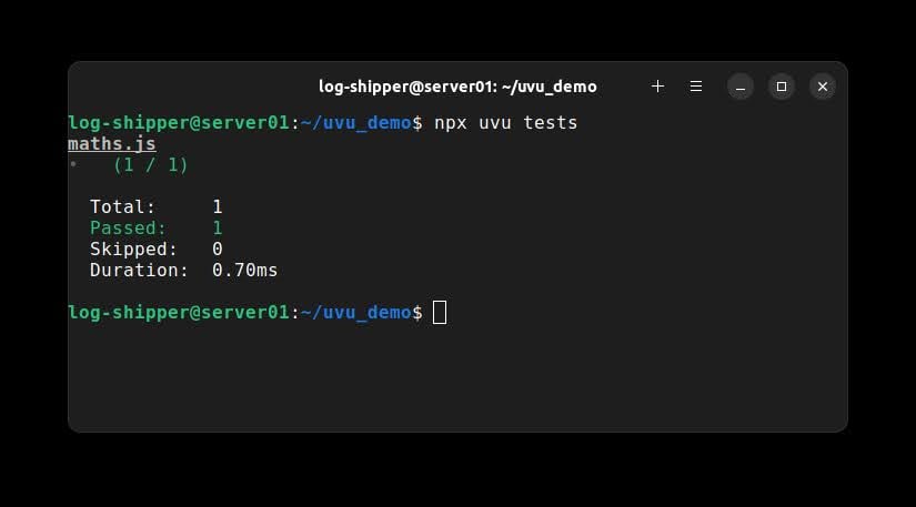 Screenshot of uvu passing test