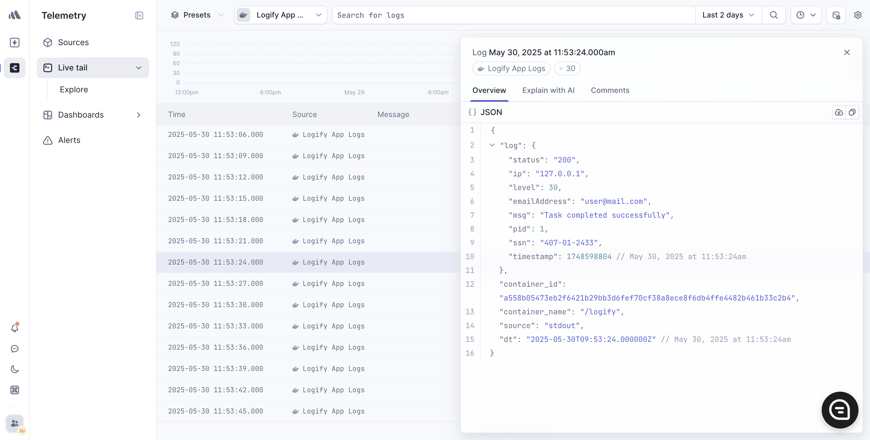 Screenshot of a log entry expanded in Better Stack, showing detailed metadata such as timestamp, container name, and log message content