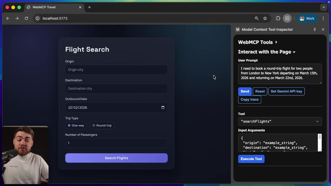 A clear view of the flight search application UI. The left side shows a form with fields for Origin, Destination, Date, etc. The right side shows the "Model Context Tool Inspector" which will act as the AI agent's interface.