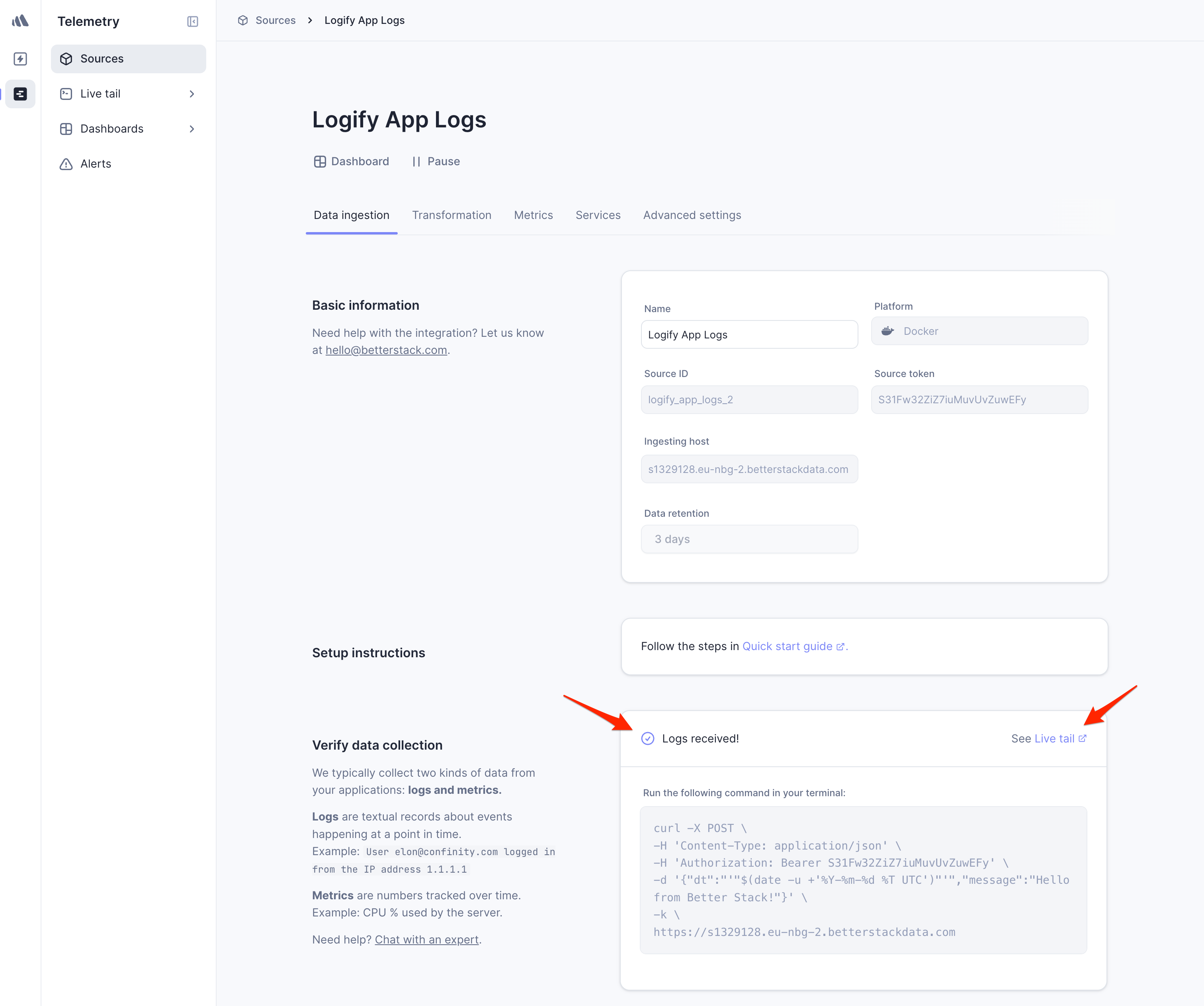 Logs received in Better Stack