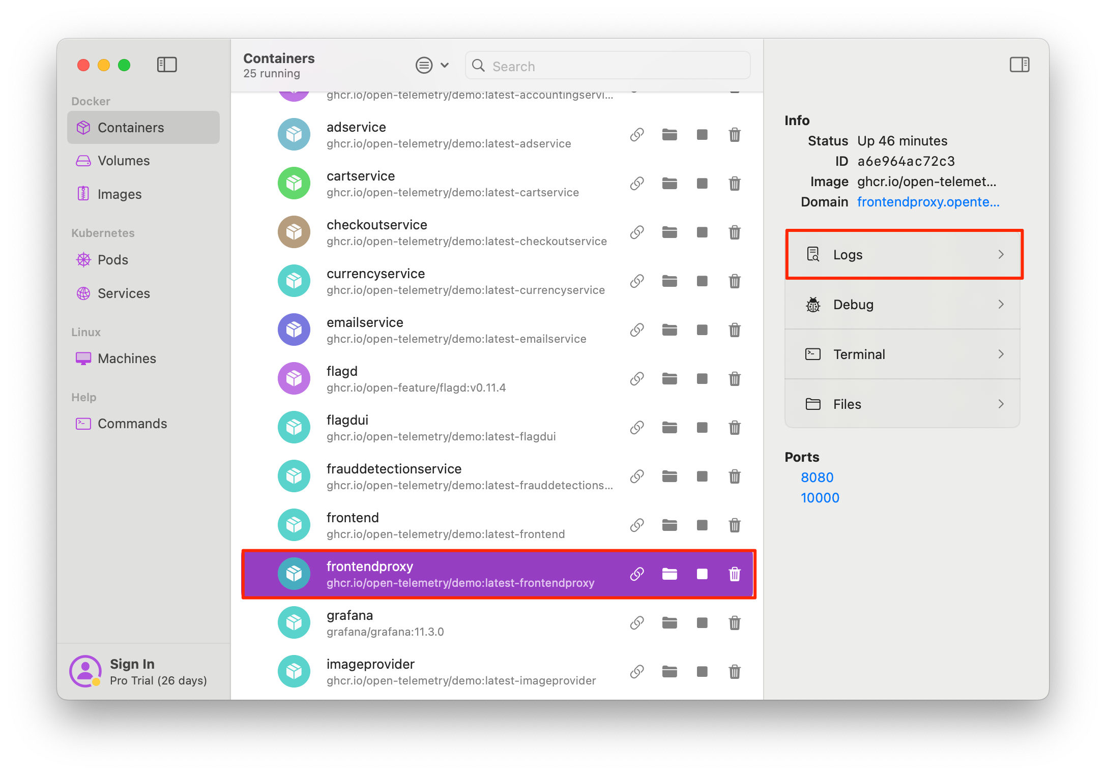 Screenshot showing the container selected and the "Logs" button