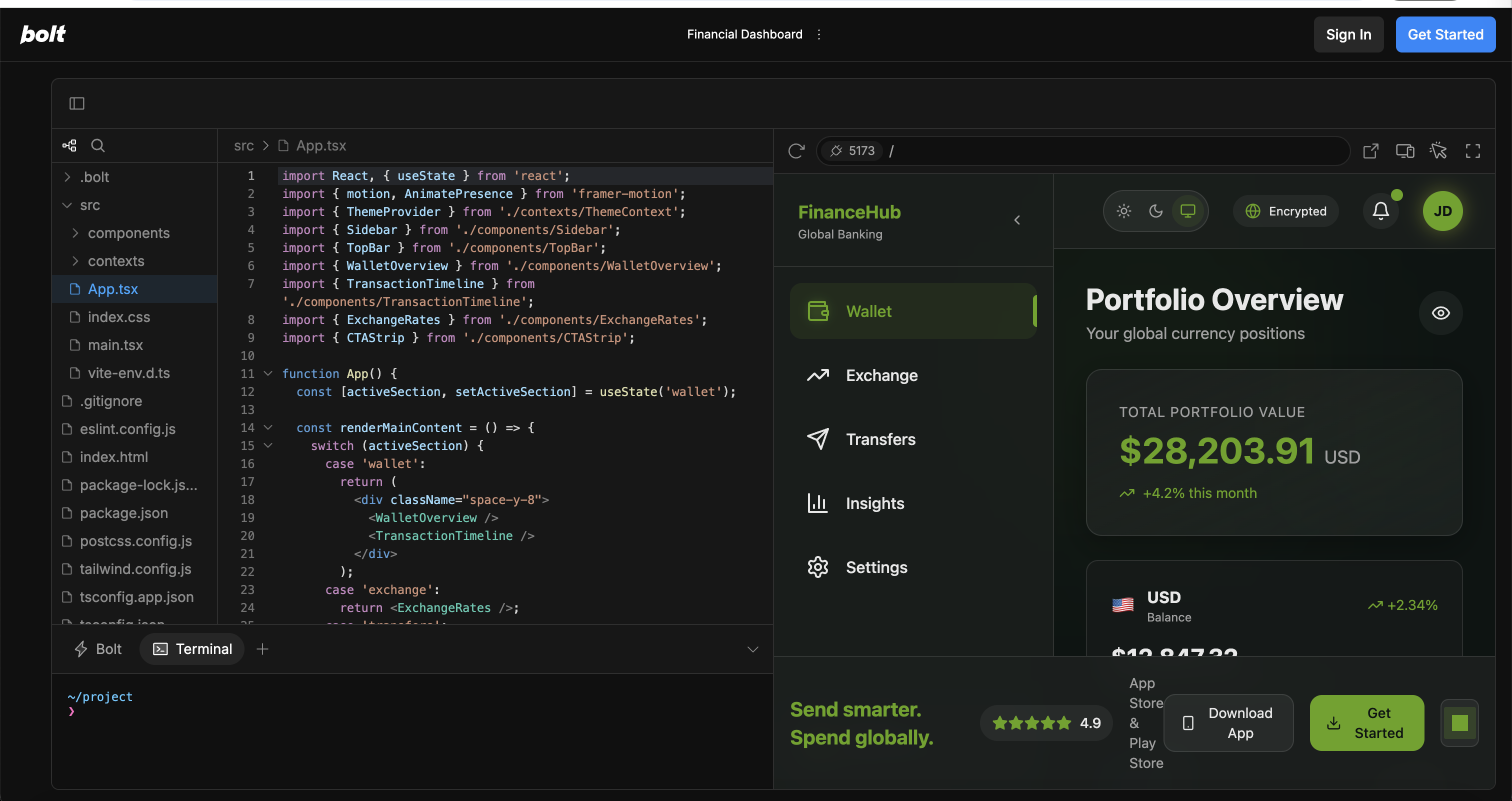 Bolt.new WebContainers environment showing full-stack development with npm packages and real-time preview