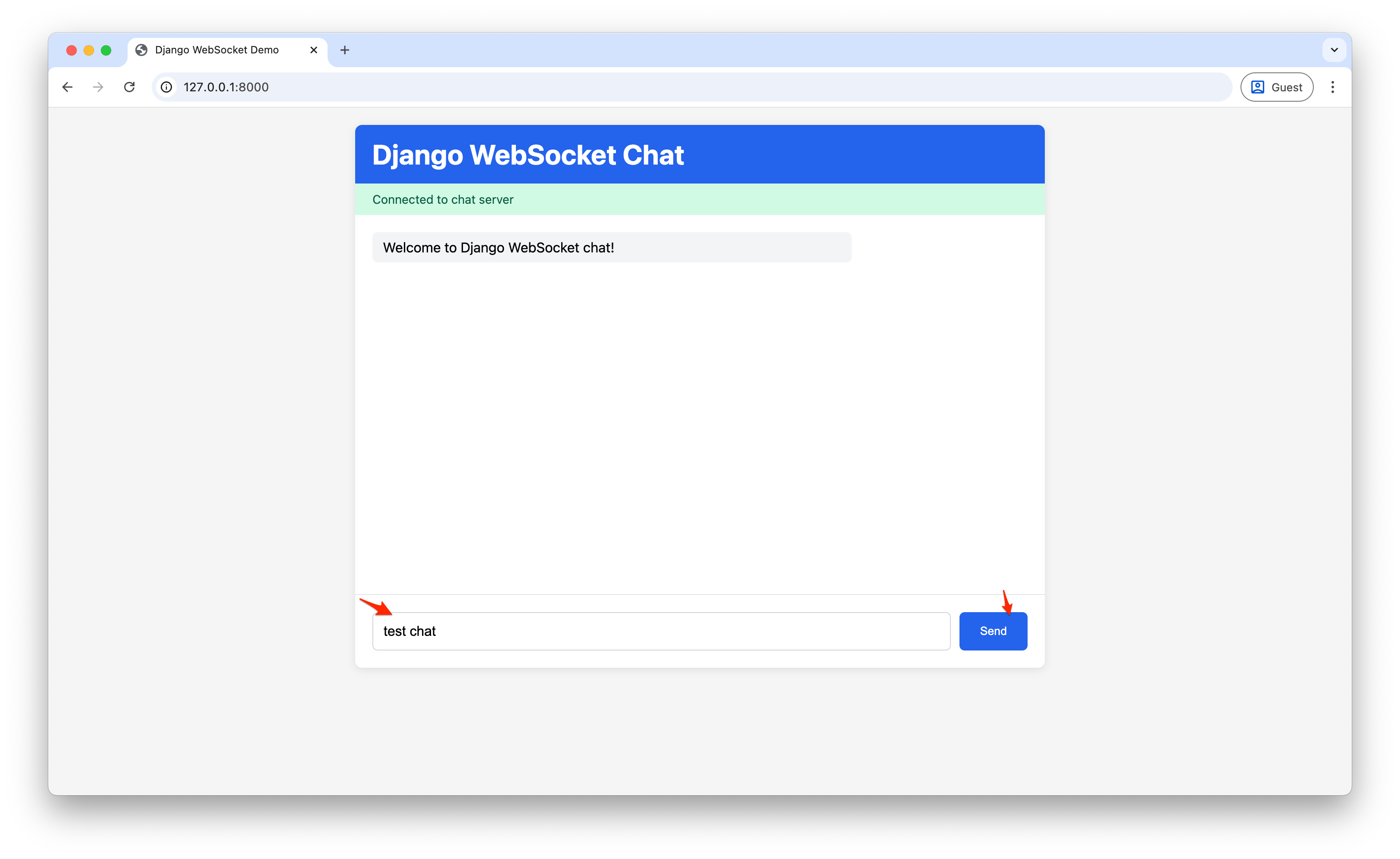Screenshot of Django WebSocket chat interface showing successful connection with welcome message