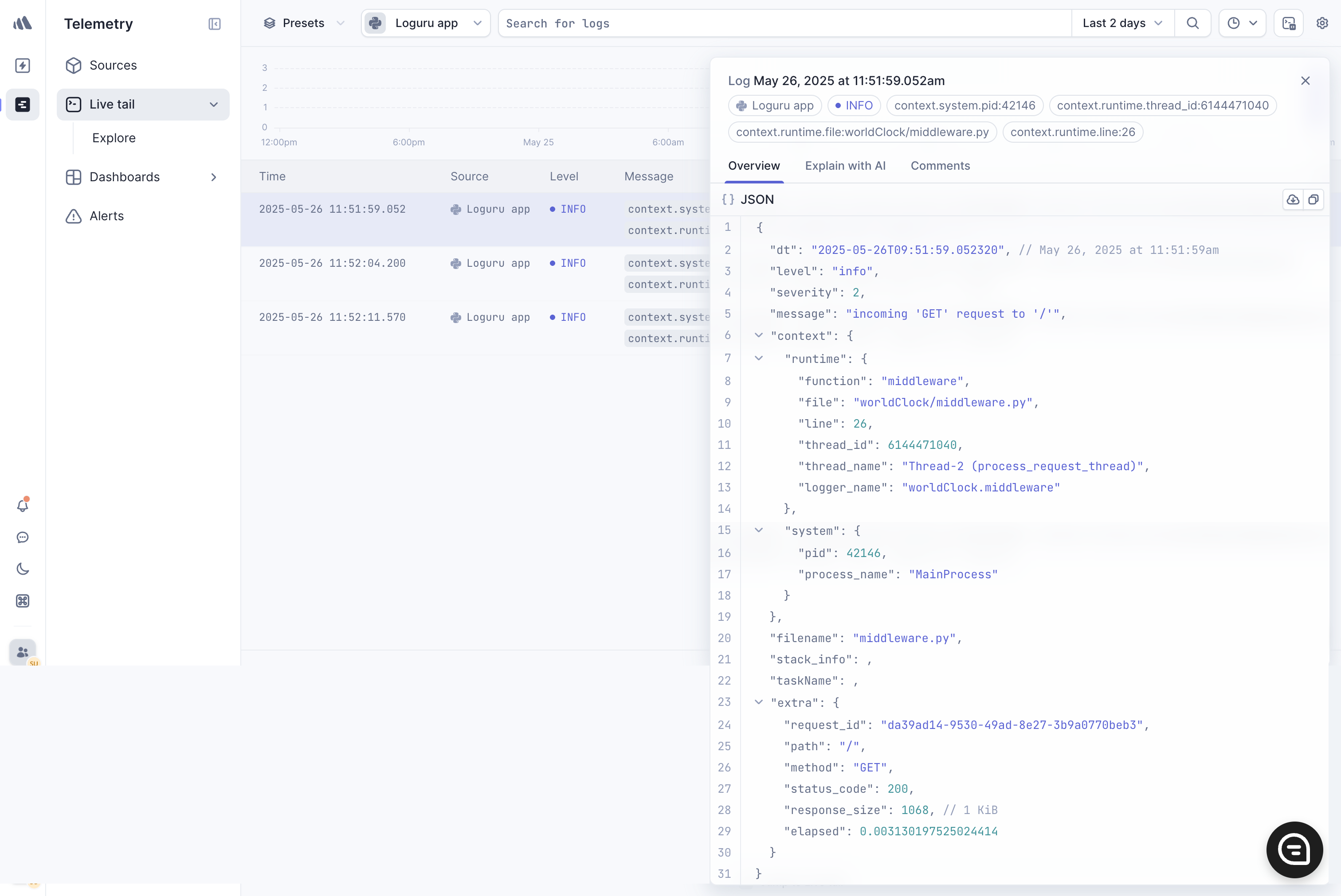 Better Stack Live tail page showing the incoming Python logs from the applicationg