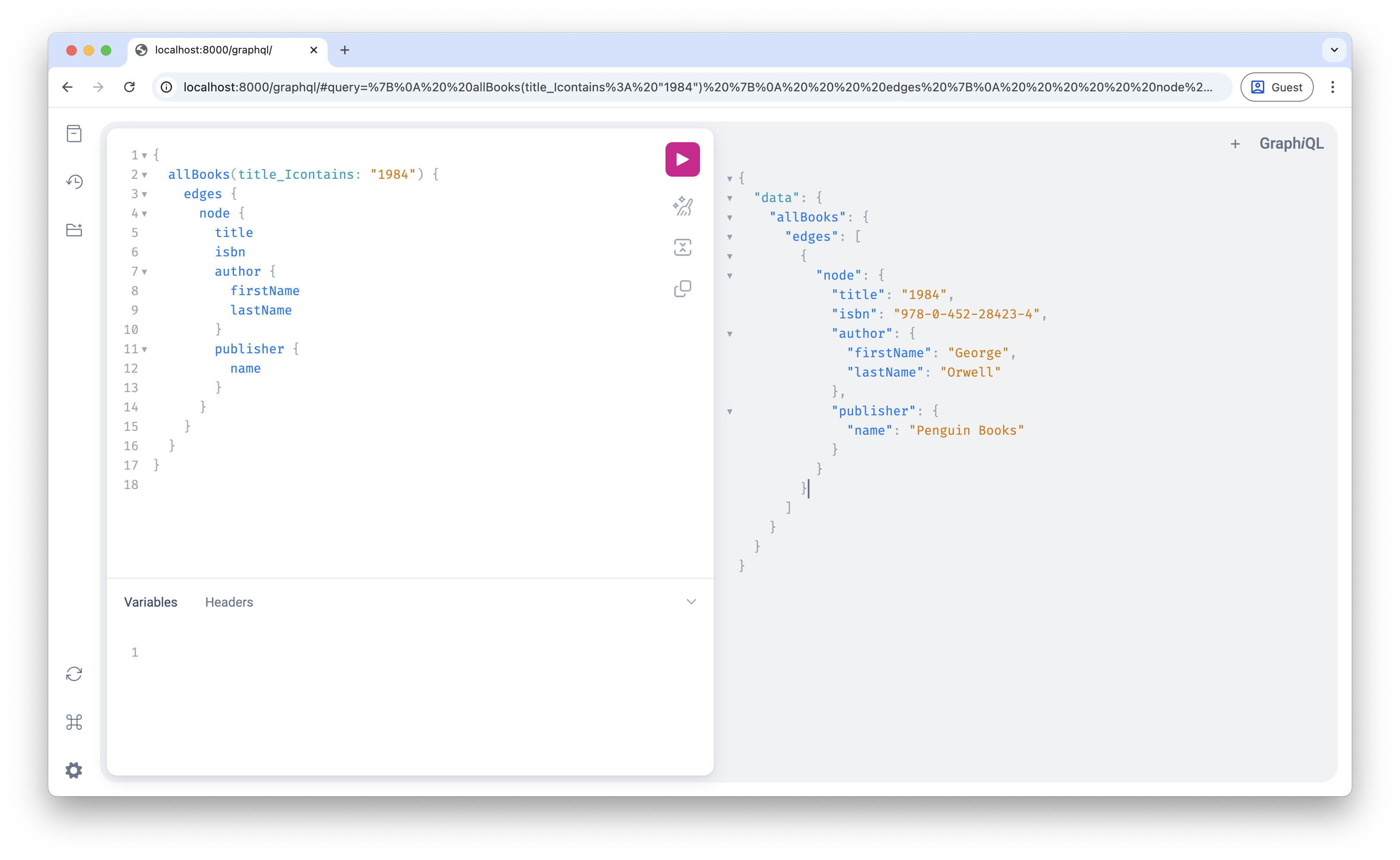 Screenshot showing filtered books query results in GraphiQL