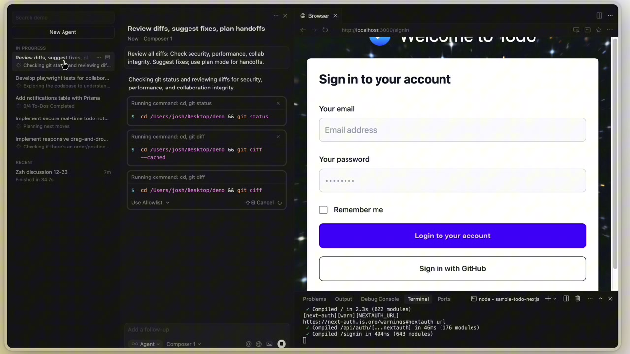 The Cursor UI showing the "Agent" panel on the left. Multiple tasks like "Review diffs, suggest fixes," "Add notifications table with Prisma," and "Implement responsive drag-and-drop" are listed, some with progress bars, demonstrating parallel execution.