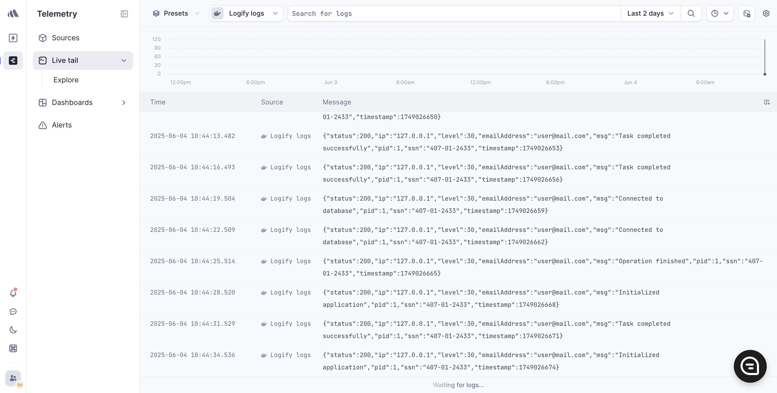 Screenshot displaying the log entries in Better Stack
