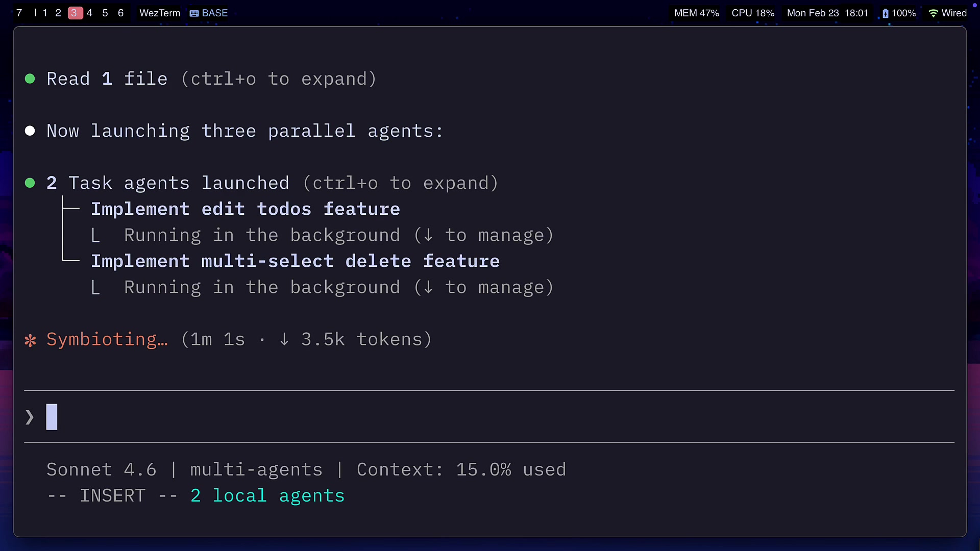 The terminal showing three parallel agents being launched to work on different features.