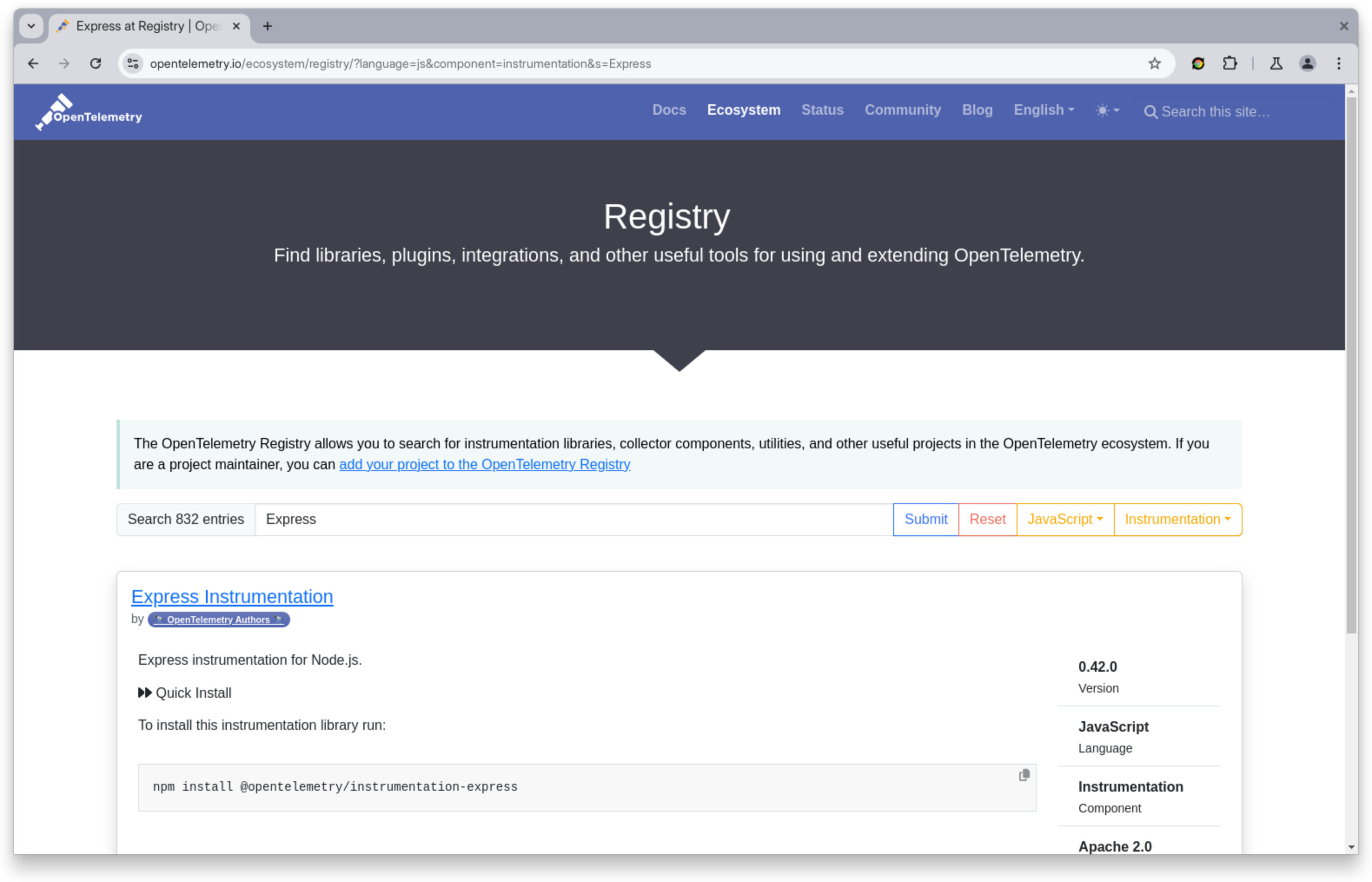 Screenshot of OpenTelemetry Registry