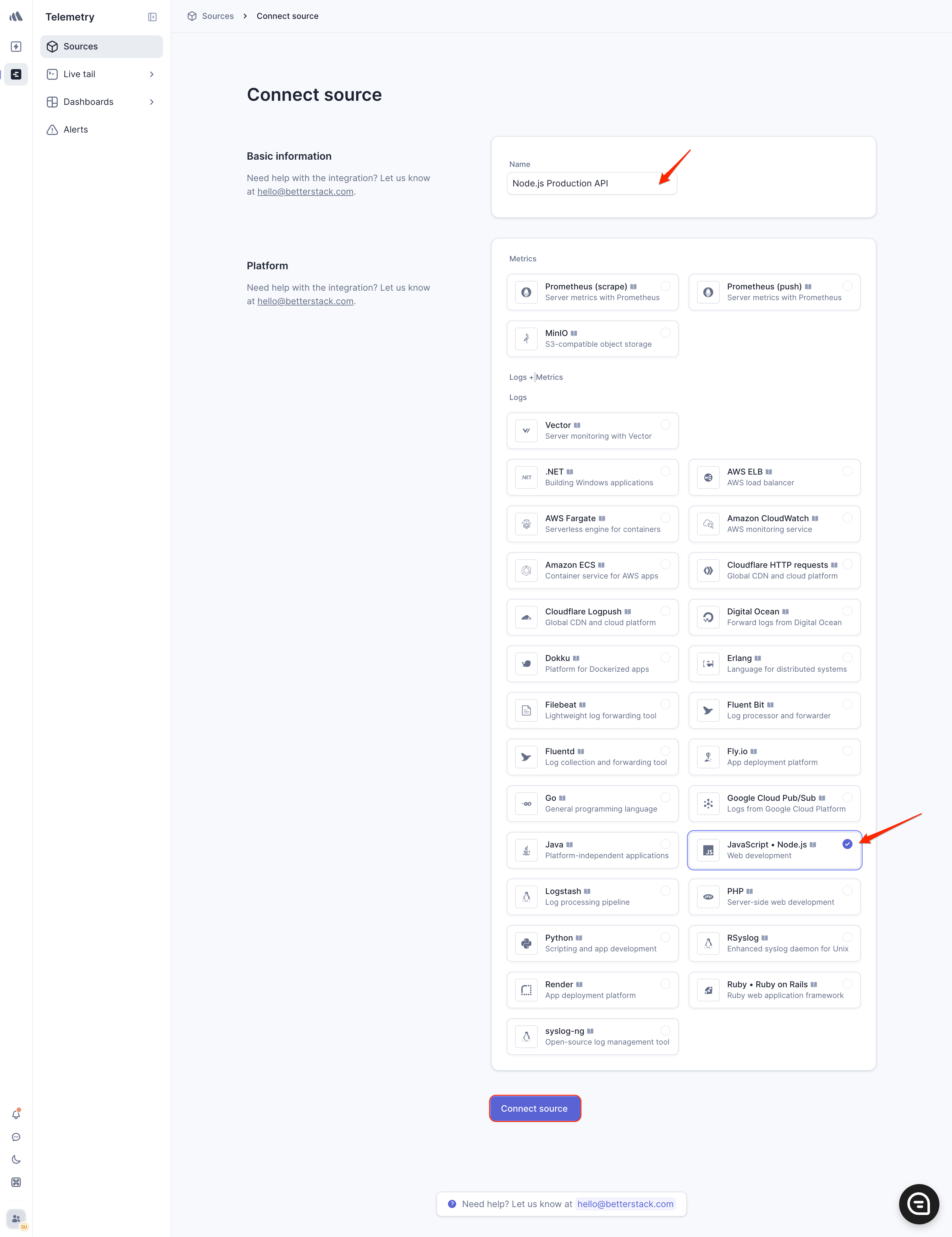 Screenshot of the Better Stack UI showing the creation of a new log source, with the name set to "Node.js Production API" and the platform selected as "JavaScript & Node.js