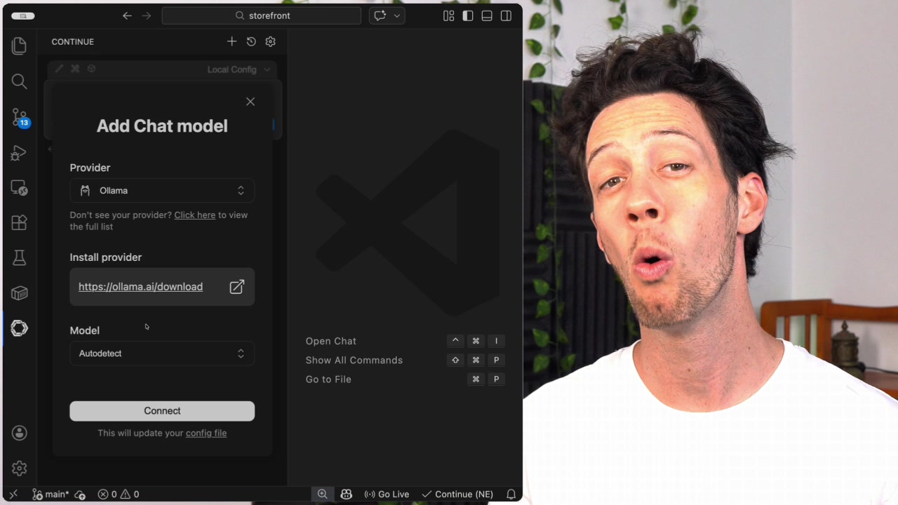 The provider dropdown list within the "Add Chat model" window, with "Ollama" selected.