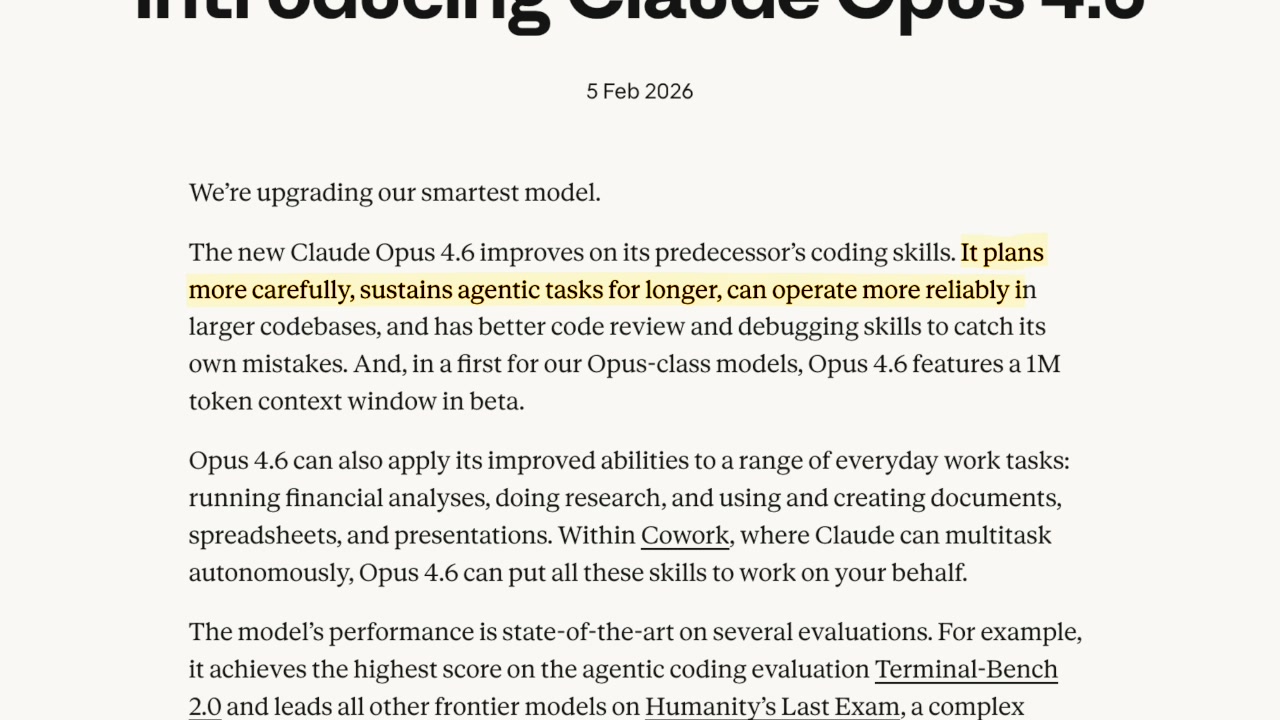 Anthropic's blog post highlights the improvements in planning and reliability. A screenshot from the announcement shows the text: "It plans more carefully, sustains agentic tasks for longer, can operate more reliably in larger codebases, and has better code review and debugging skills to catch its own mistakes."