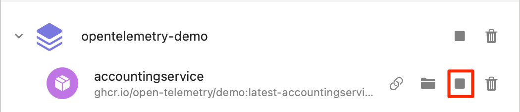 OrbStack interface highlighting the stop button (◼) for halting a running container