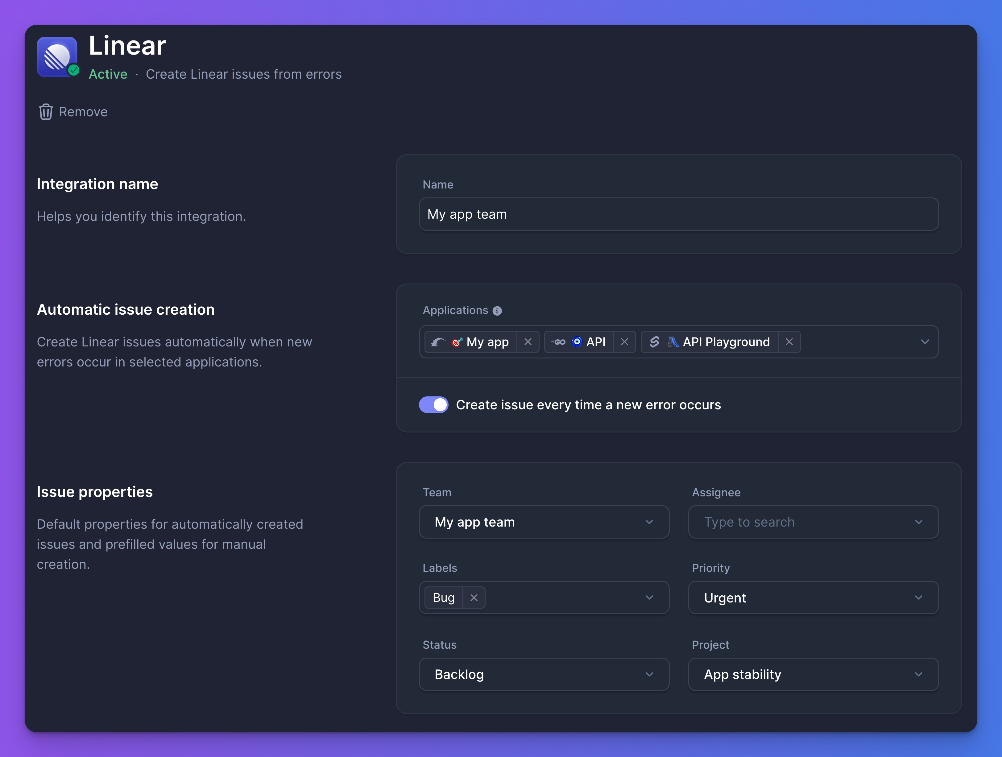 Linear integration settings