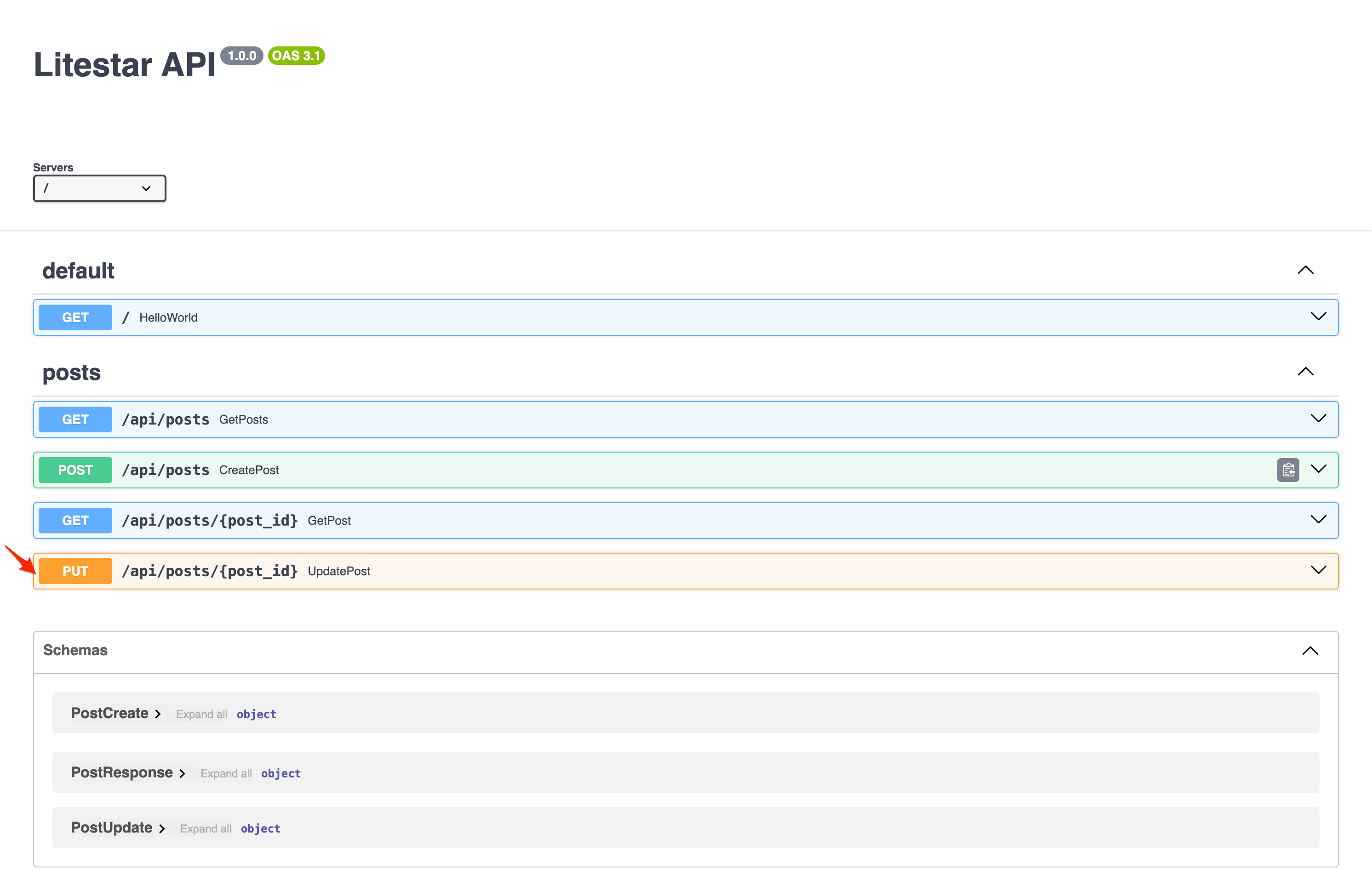 Screenshot of updated API documentation showing PUT endpoint