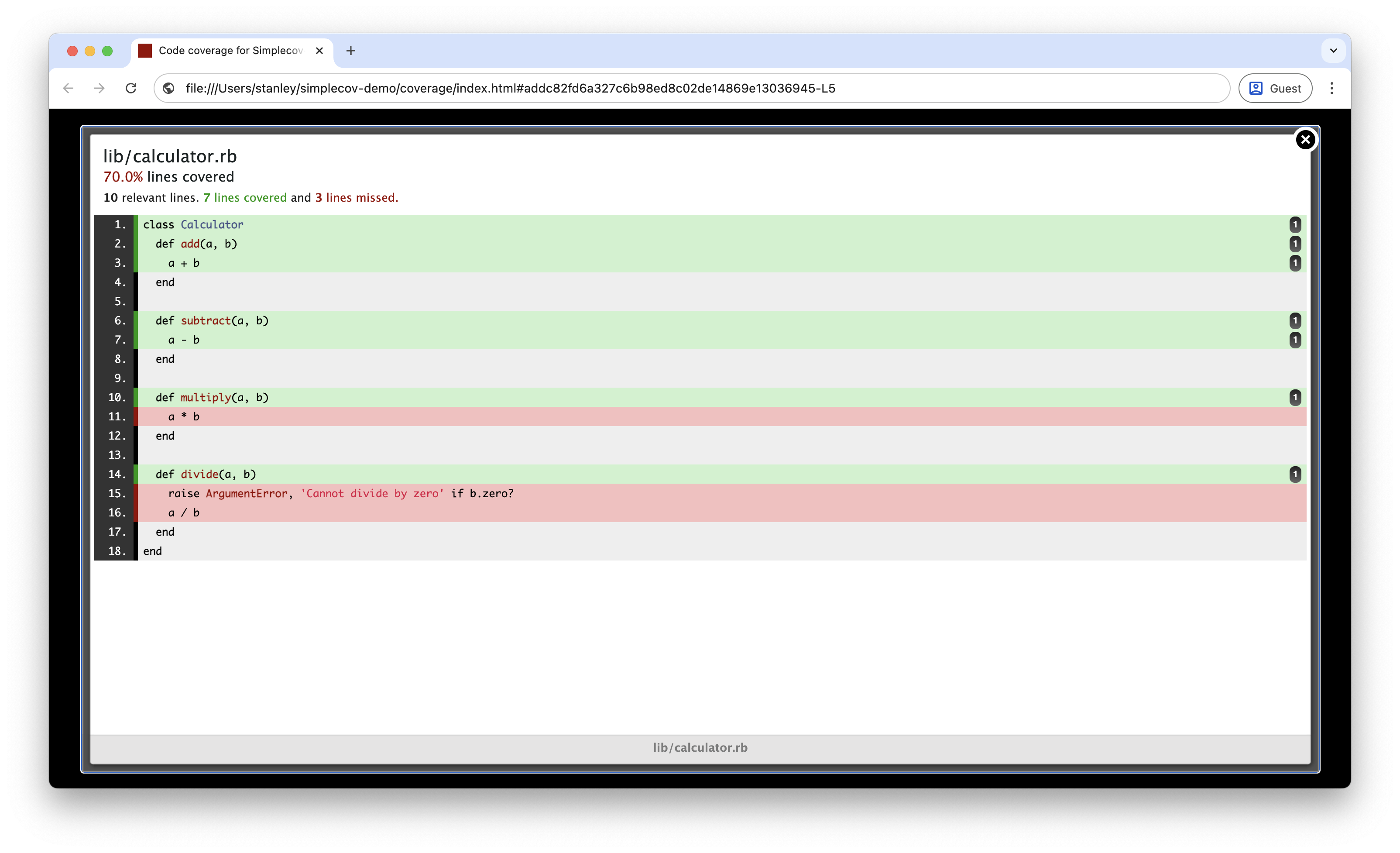SimpleCov detailed file view showing line-by-line coverage with hit counts