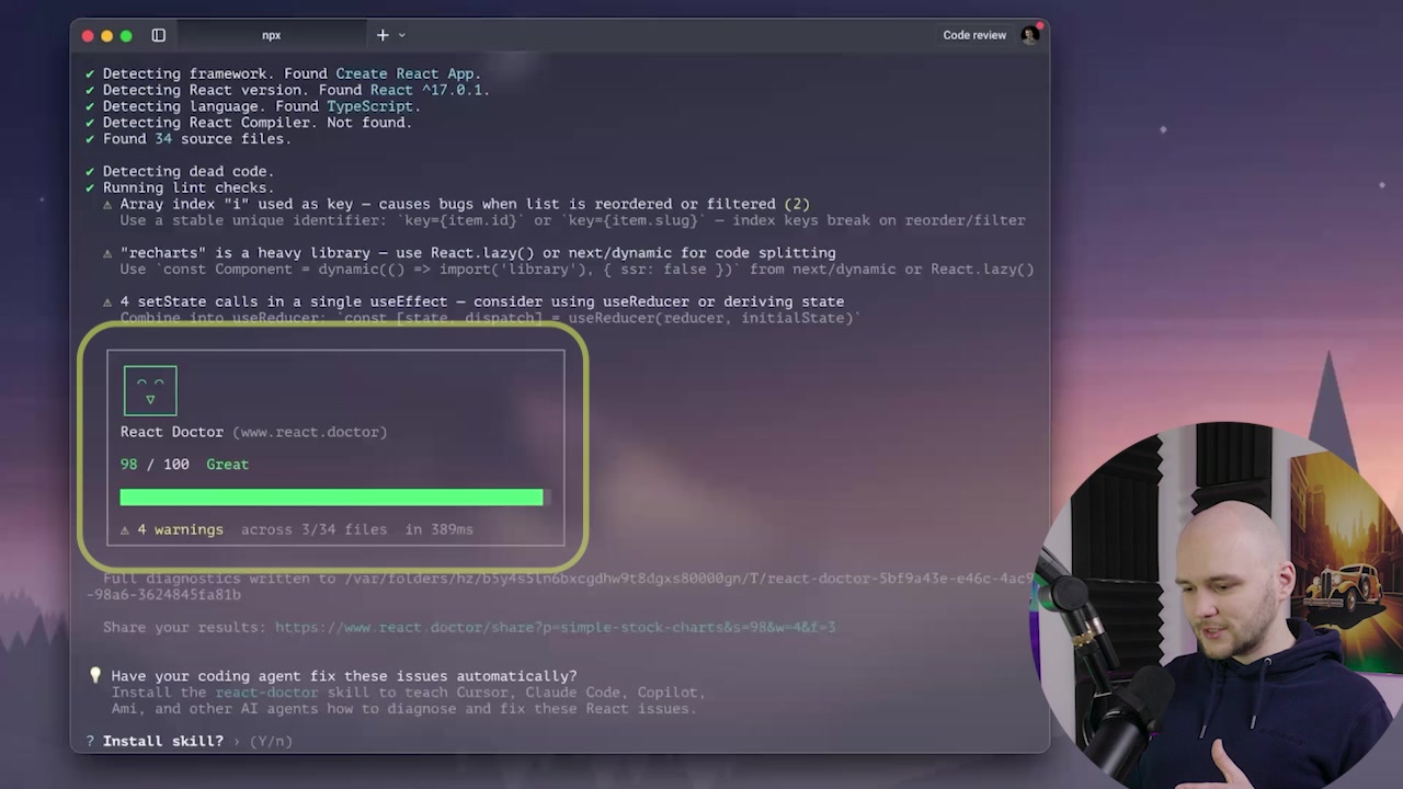 The terminal output after the first scan, showing the "React Doctor" box with the score of 98/100, the "Great" label, the ASCII art face, and a summary of the 4 warnings found.