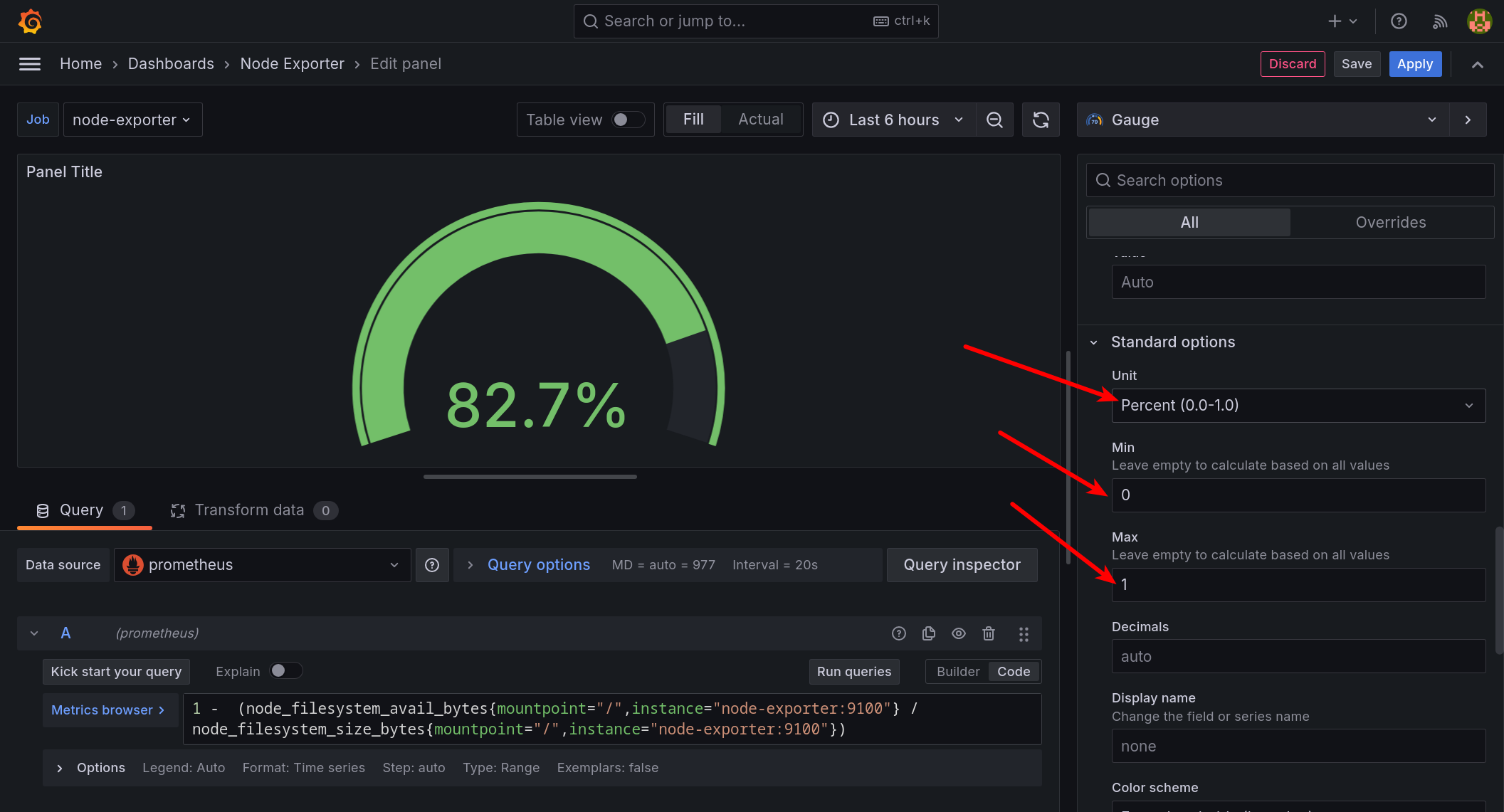 Specify minimum and maximum values for Gauge in Grafana