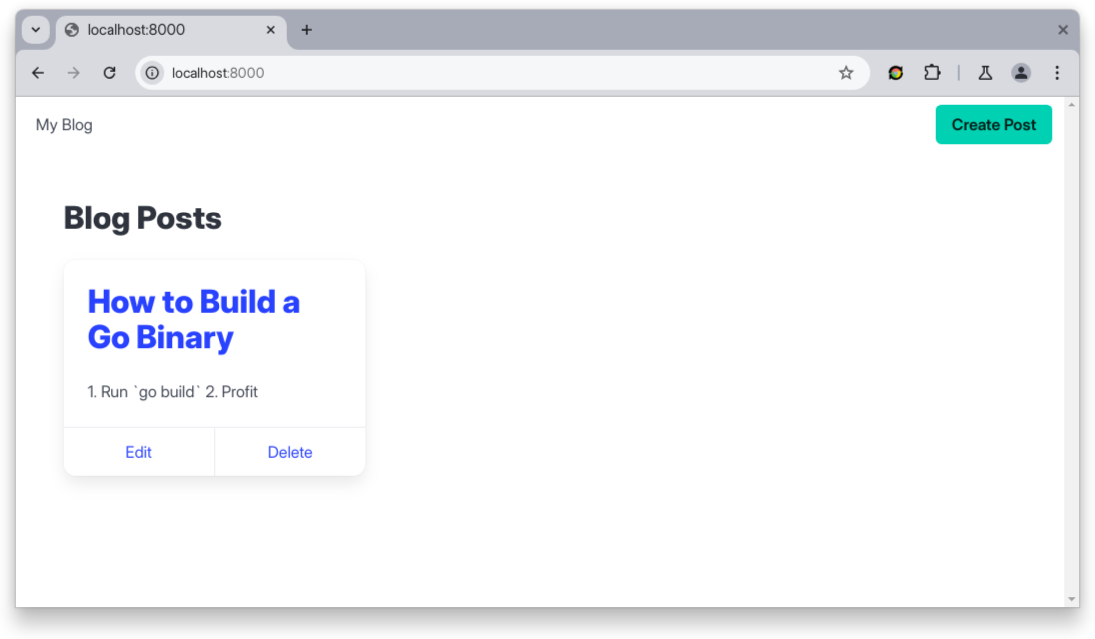 Application homepage showing blogpost