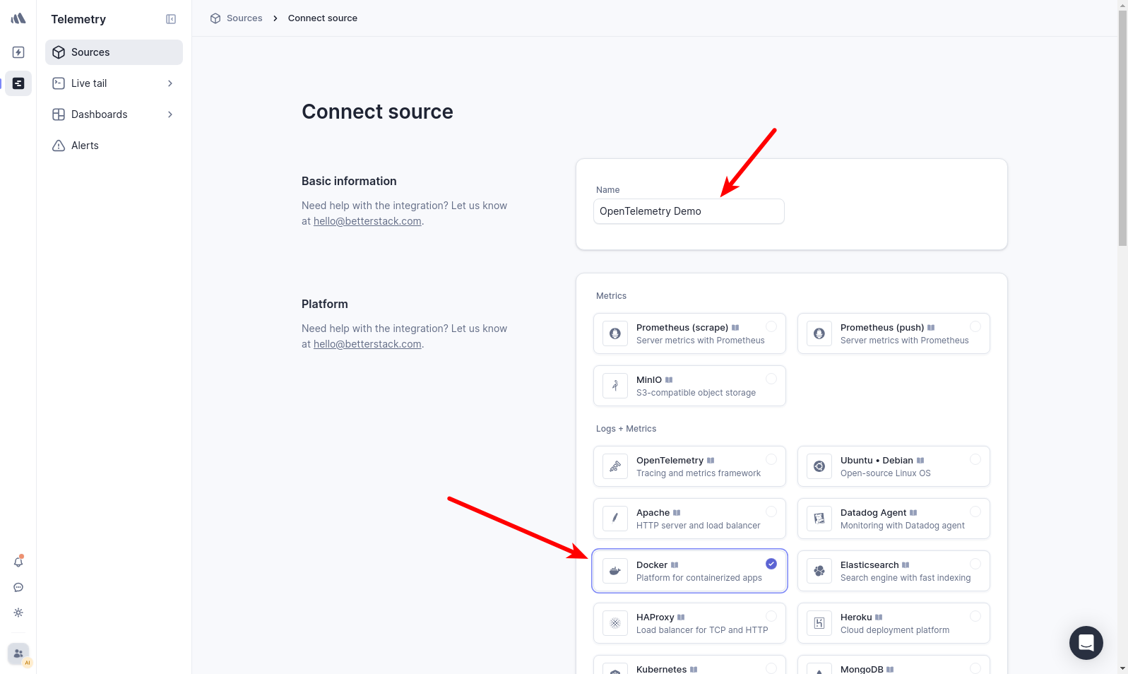 Creating a source in Better Stack