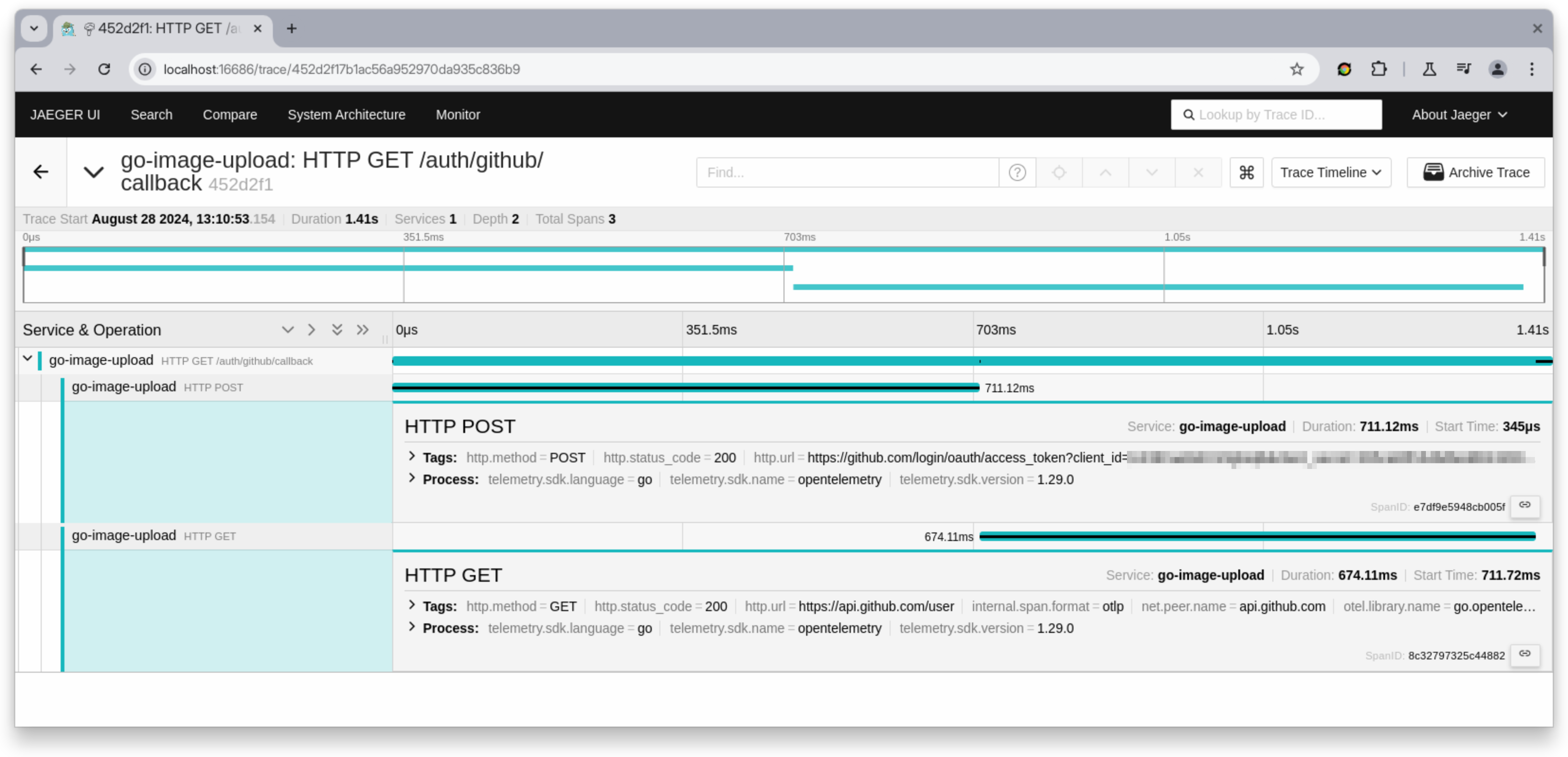 Jaeger UI showing Gantt chart with trace spans