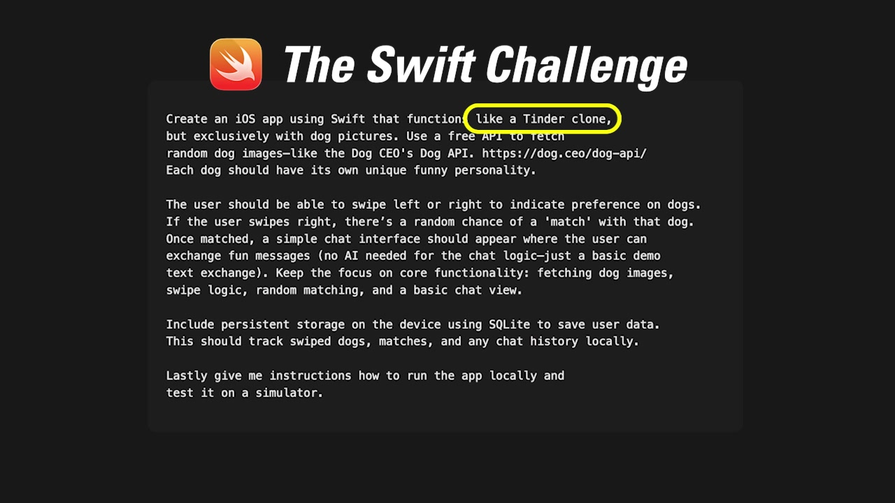 The detailed prompt for the "Swift Challenge" given to each AI model.