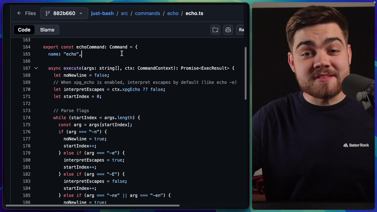 A view of the source code for the `echo` command within the `just-bash` library, showing a TypeScript function named `execute` that handles the logic.