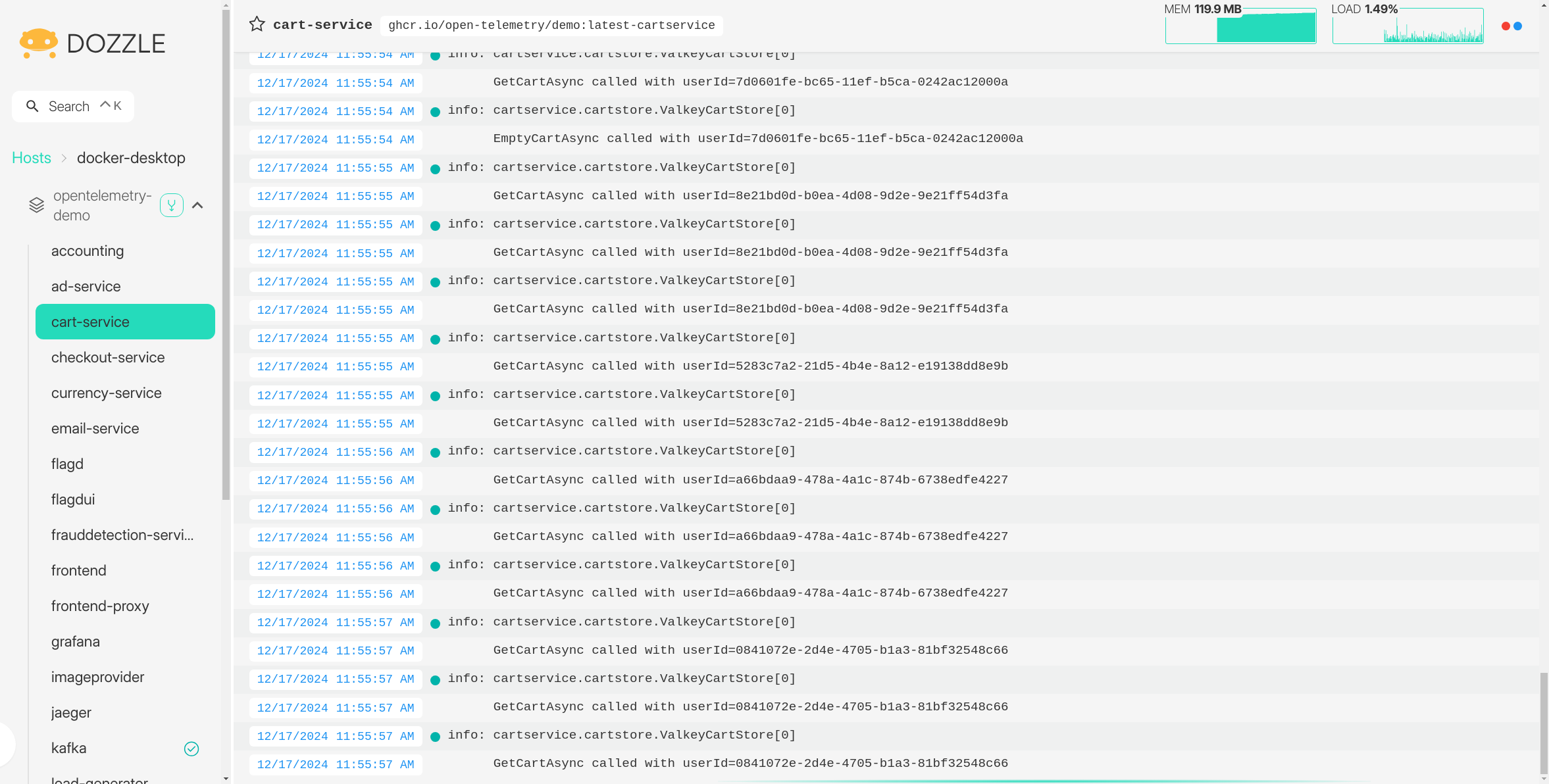 Dozzle showing Docker container logs