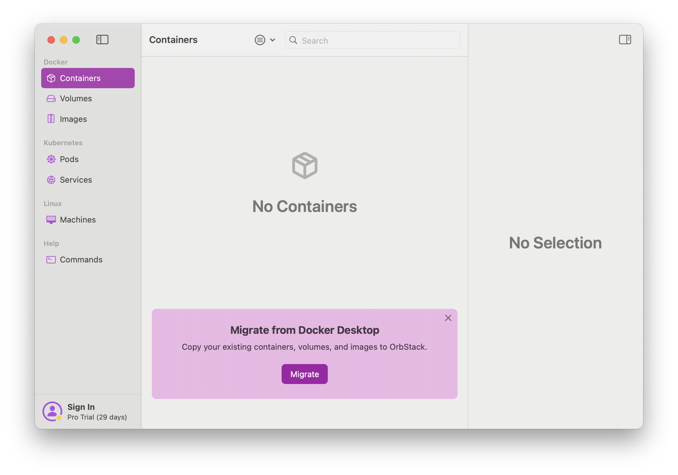 Screenshot of the OrbStack interface