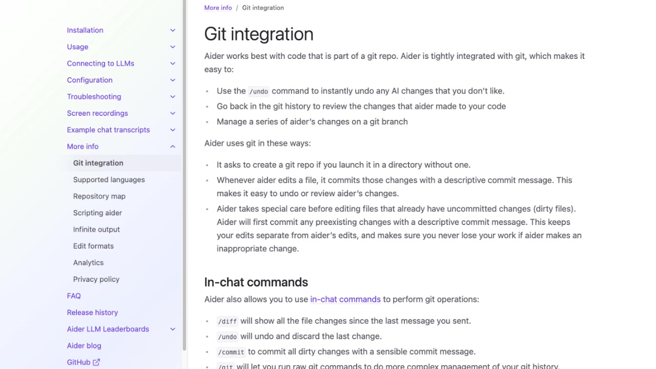 A view of the Aider documentation highlighting its deep Git integration and in-chat commands like `/diff`, `/undo`, and `/commit`.