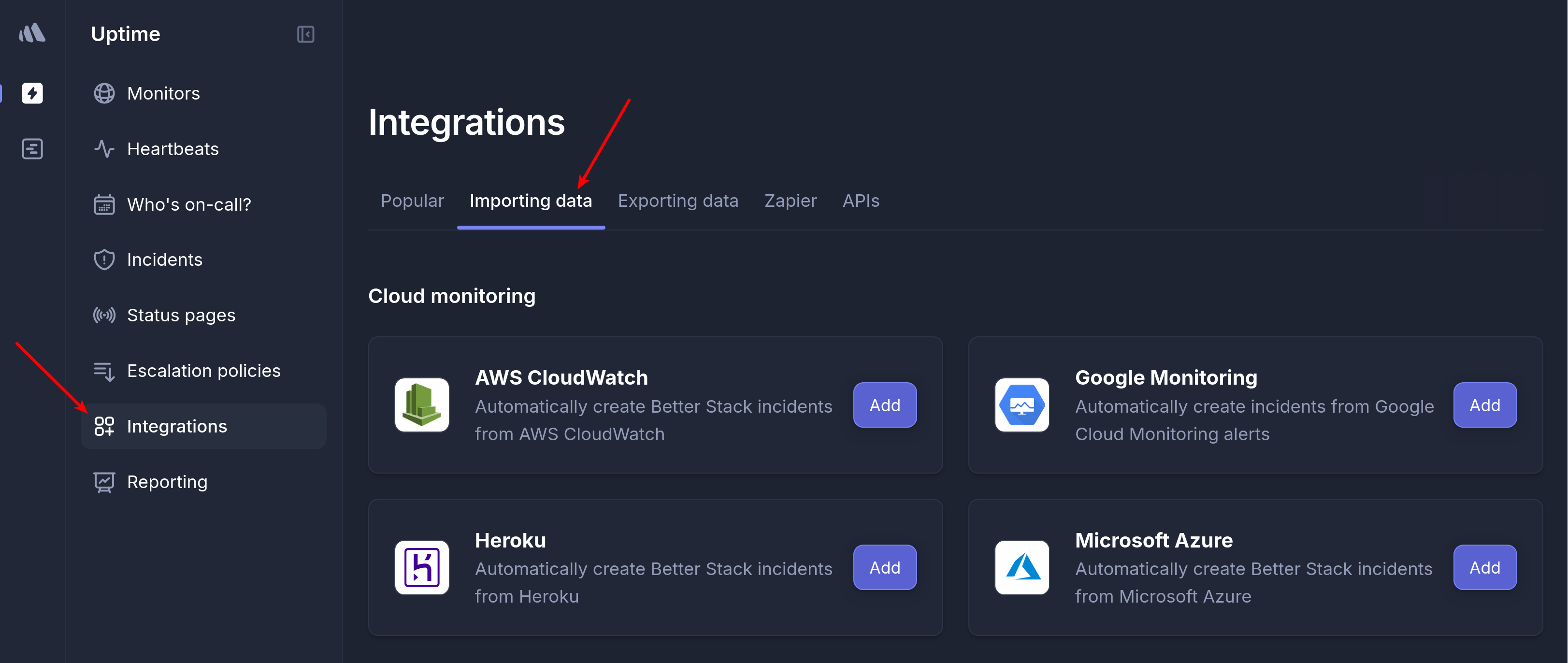 Better Stack Uptime integrations dashboard