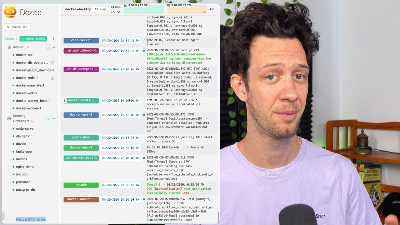 The split-screen view in Dozzle, with the container list on the left and a live, streaming log on the right.