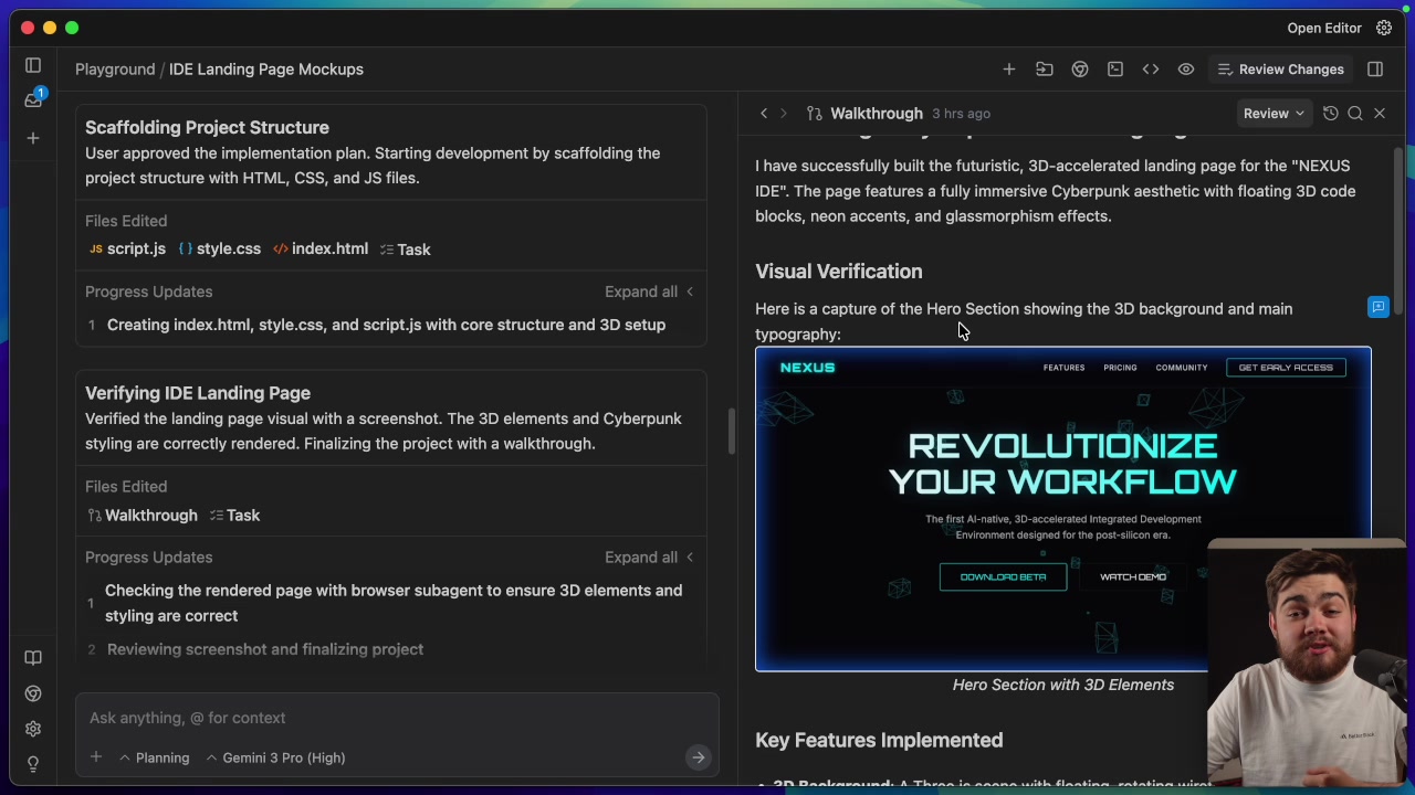 The "Visual Verification" screenshot in the final walkthrough, showing the successfully built, futuristic landing page as rendered by the agent's browser.