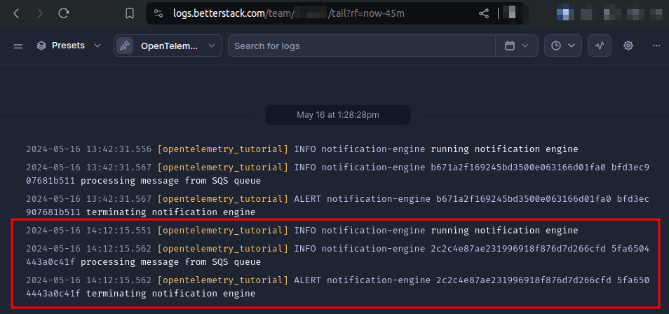 Better Stack log messages