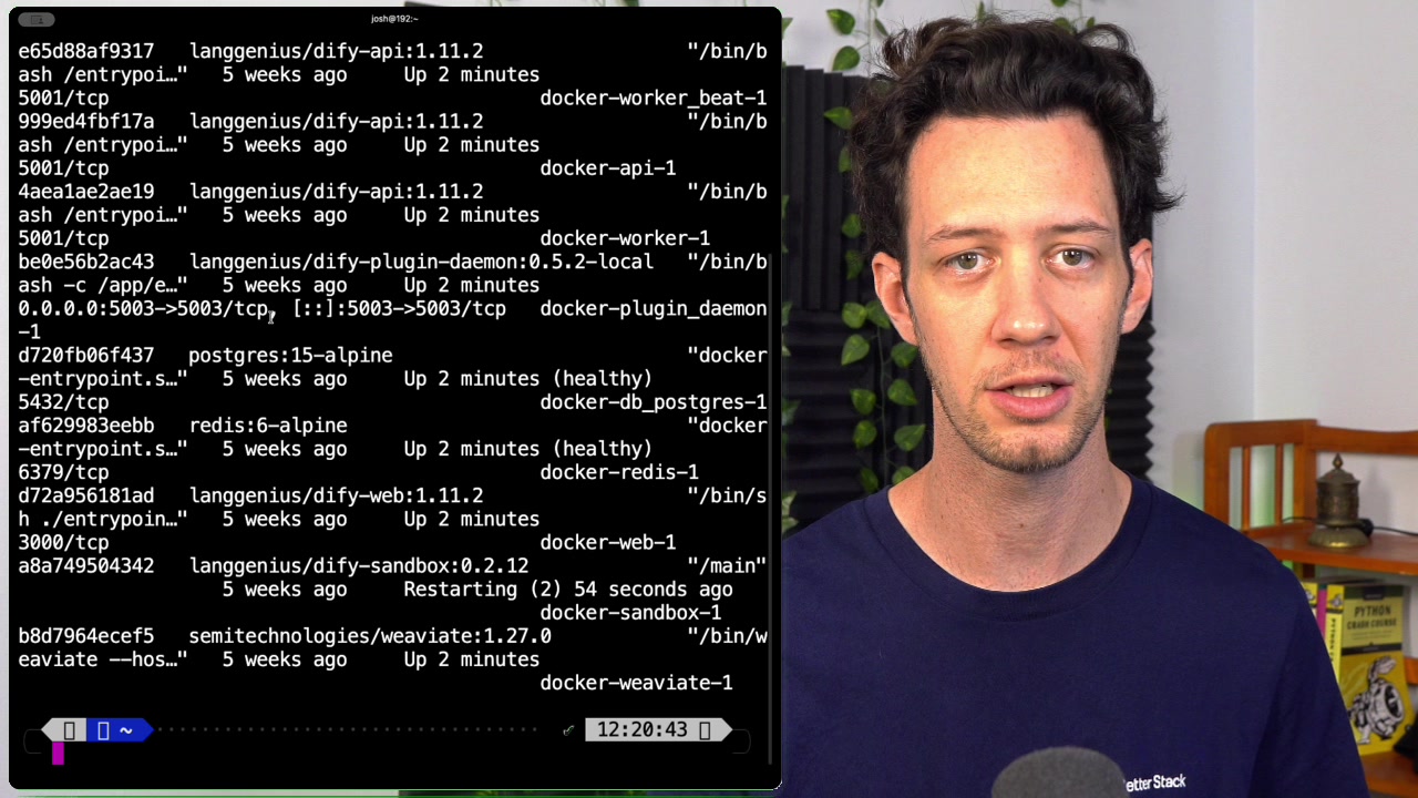 The output of the `docker ps` command, with an arrow pointing to the `code-server` container and its "Up" status.