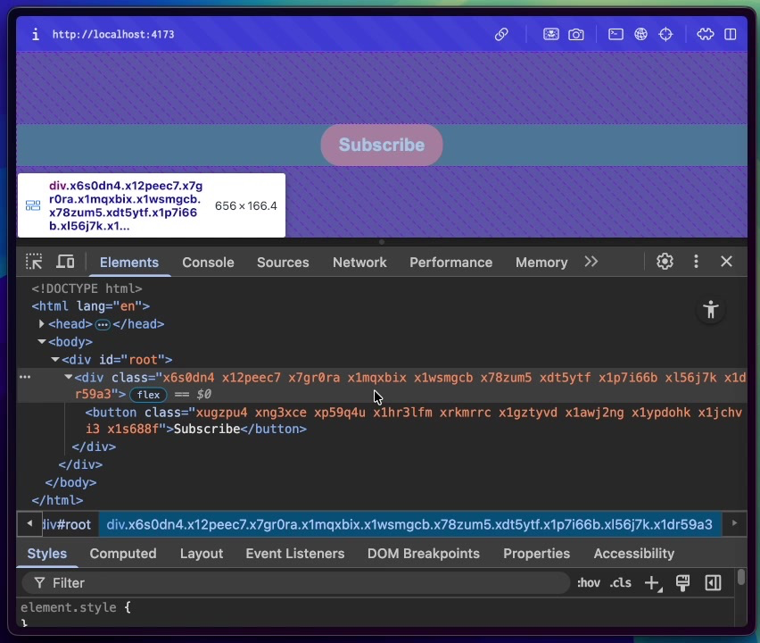 A browser inspector view of an element styled with StyleX, showing the resulting string of atomic class names generated by `stylex.props()`.