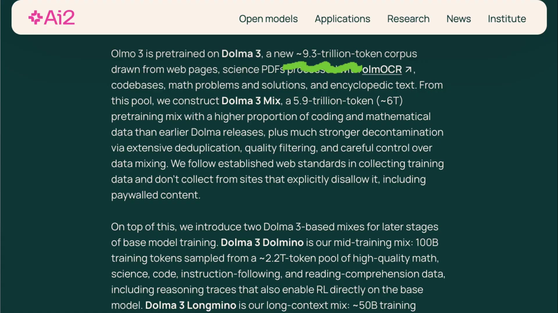 A text block from the AI2 documentation describing the composition of the Dolma 3 dataset, with the "9.3-trillion-token corpus" highlighted.
