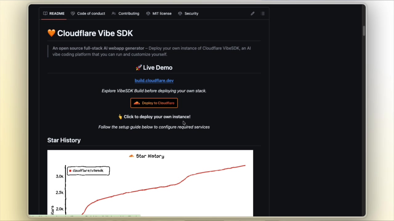 The "Deploy to Cloudflare" button featured prominently on the Vibe SDK GitHub repository page.