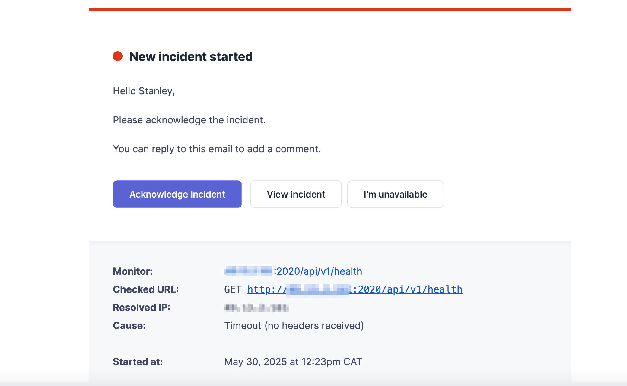 Screenshot of the email alert from Better Stack notifying of the endpoint's downtime
